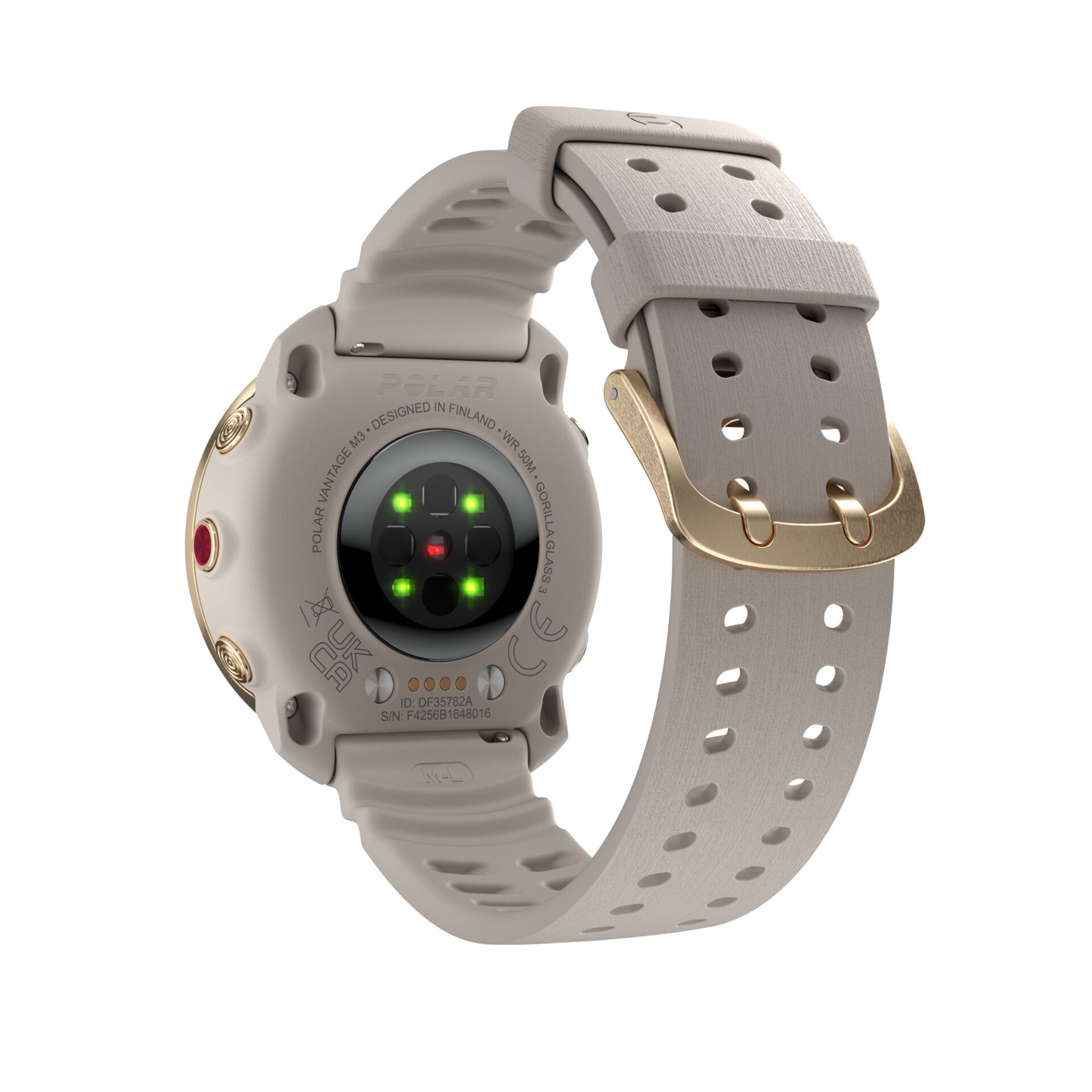 Smartwatch, Rückansicht, Sensorenring, Perforierte Længe?, Goldfarbene Beschläge