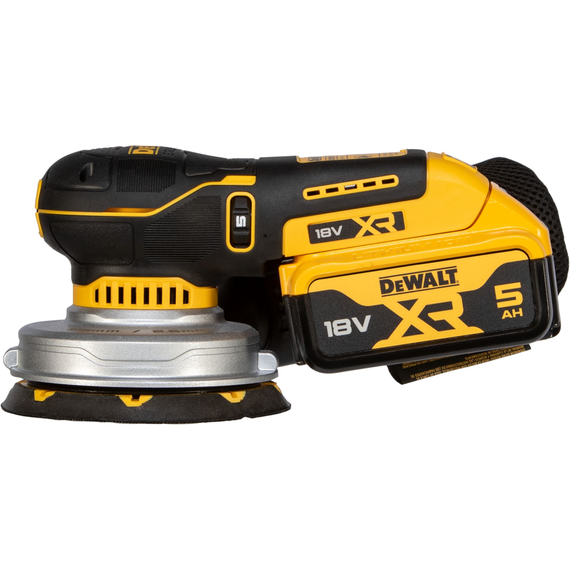 Akku-Schleifer, Orbitaler Schleifer, 18V, Kopf gelb, Gehäuse Gelb, Akku-Exzenterschleifer, 18-Volt-Akku, 5-Ah-Akku, Schleifteller, Gelb-schwarz