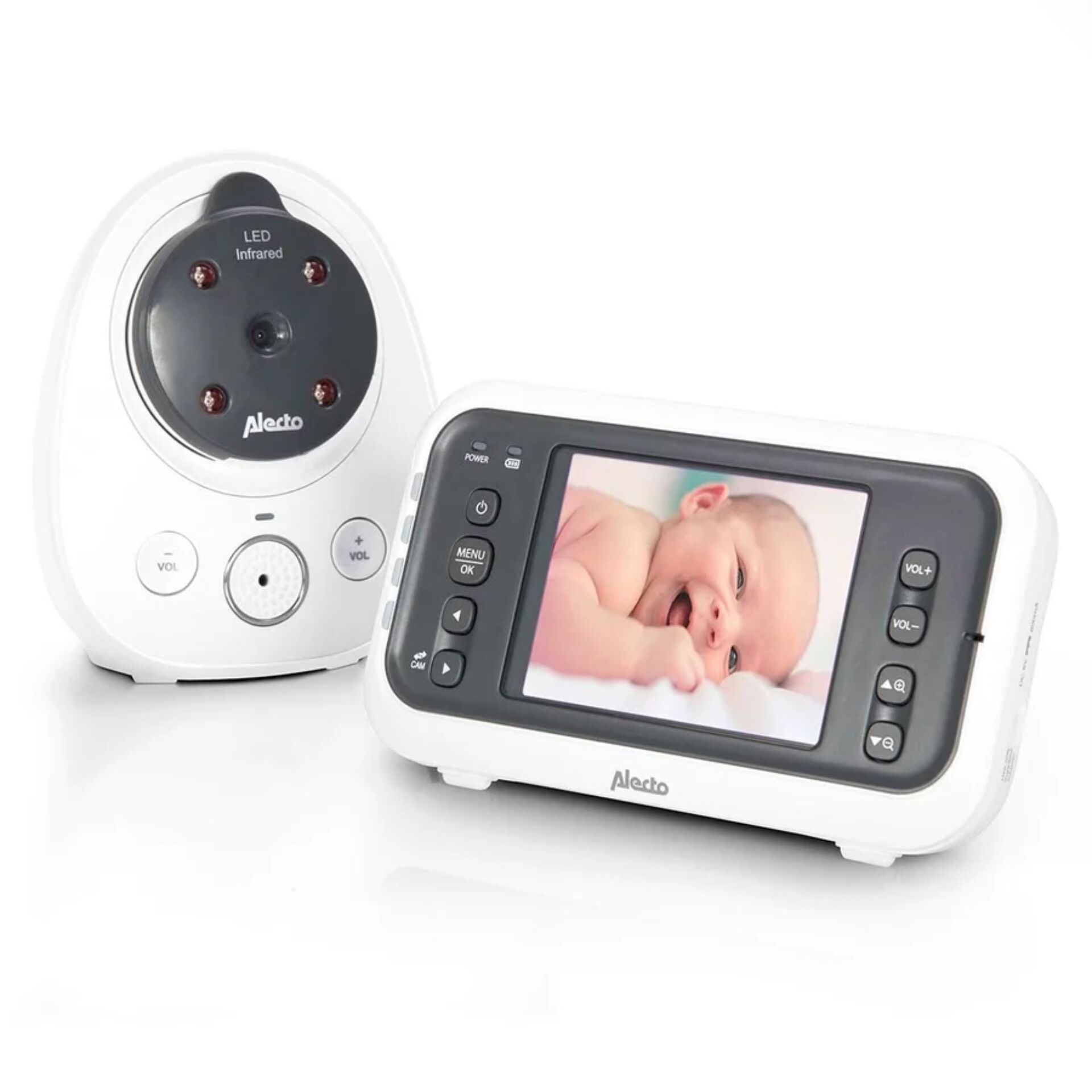 Baby monitor, Display screen, White, Infrared camera, Alecto brand note: avoid brand unless visible