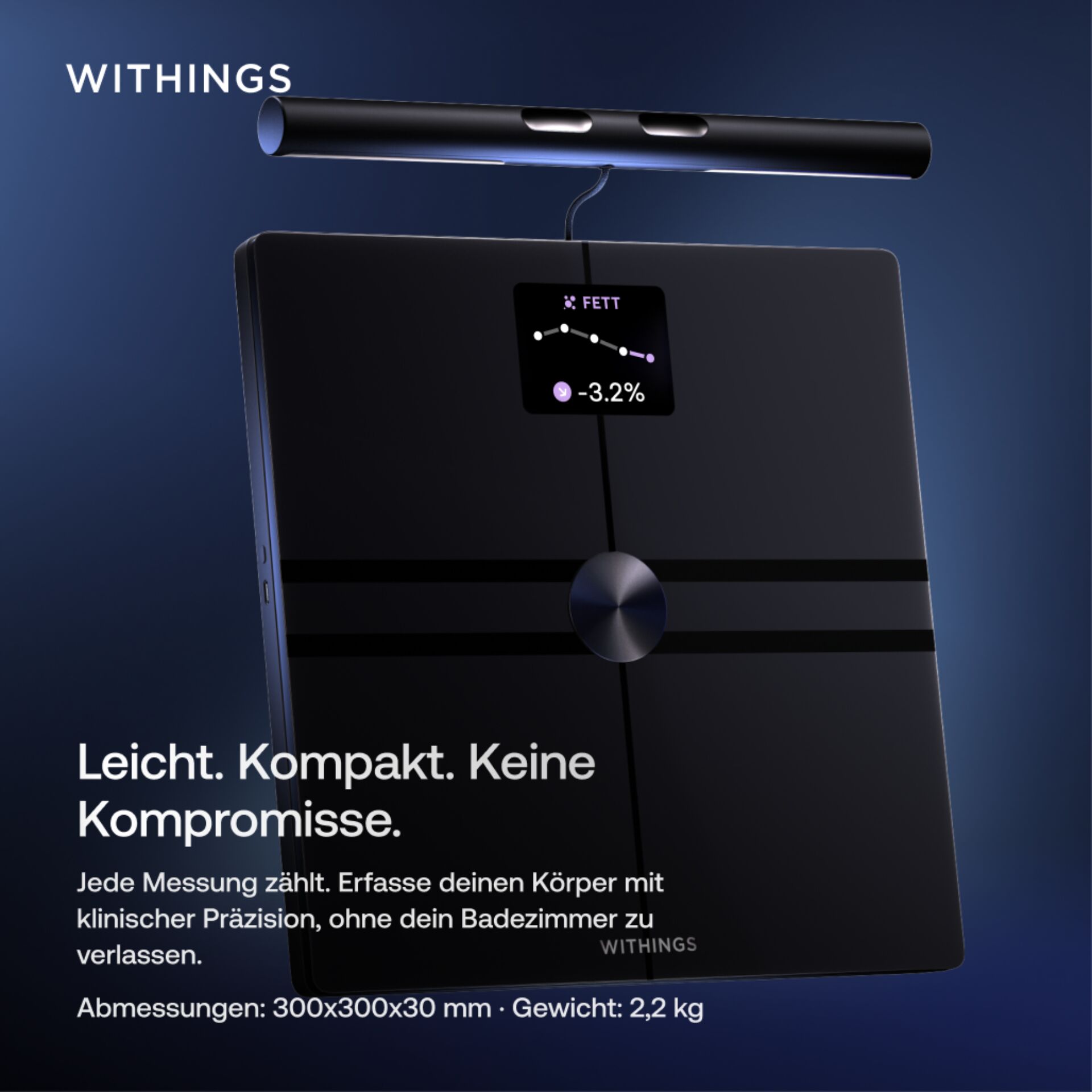 Körperwaage, Smart Waage, Bluetooth, Schwarz, Abmessungen 300x300x30 mm