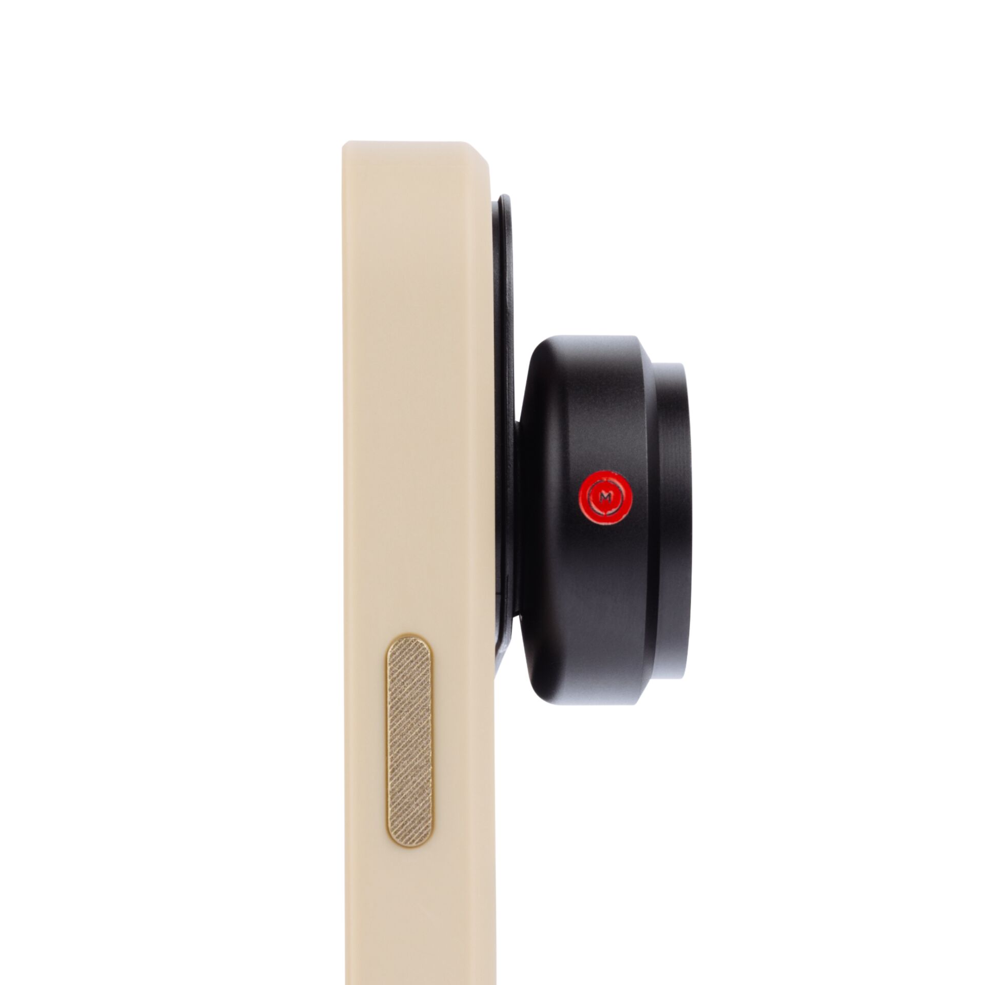 Smartphone-Halterung, Beige Smartphone, Schwarzer runder Adapter, Klemm-Objektivhalter, rotierter Knopf?