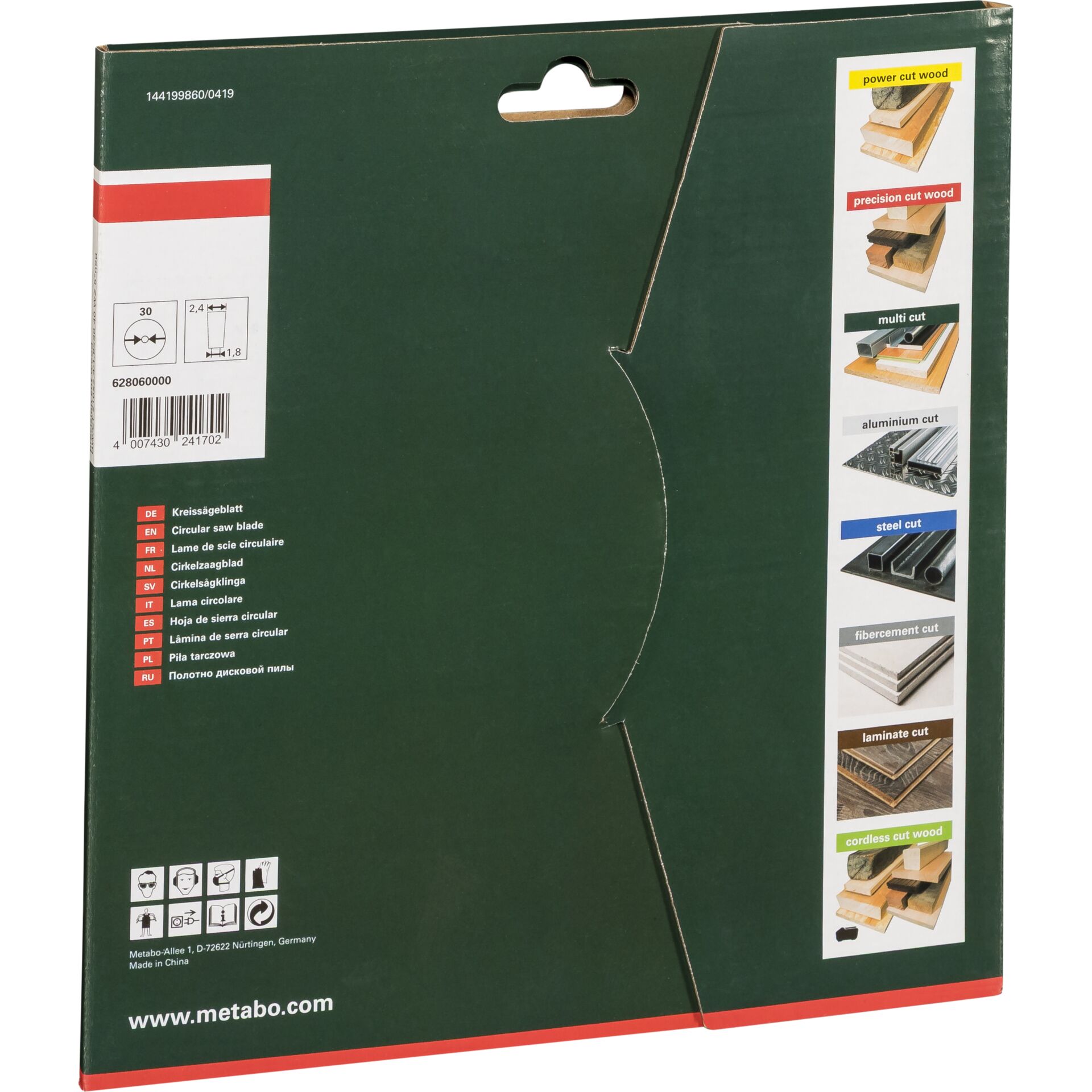 Kreissägeblatt, Holzschnitt, Metallverpackung, grünes Kästchen, Metabo