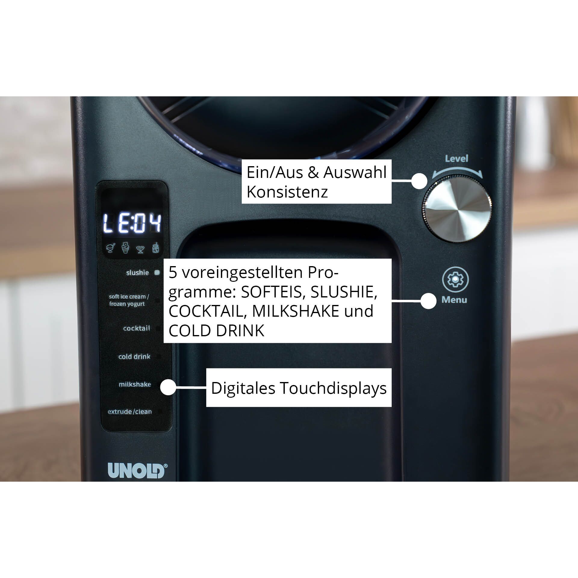 Kaffeemaschine, Touchdisplay, Programmspeicher, Levelregler, Kaffeezubereitung