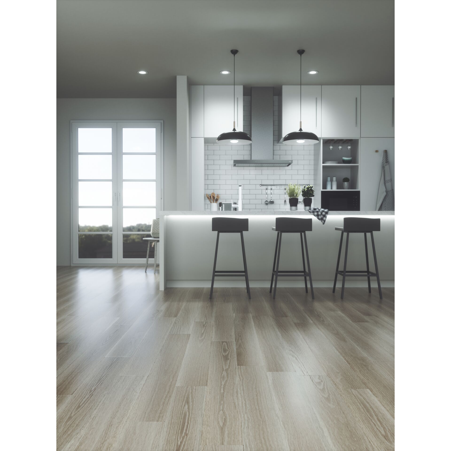 Küche, Kücheninsel, Hocker, Weißes Küchen-Design, Fliesenrückwand