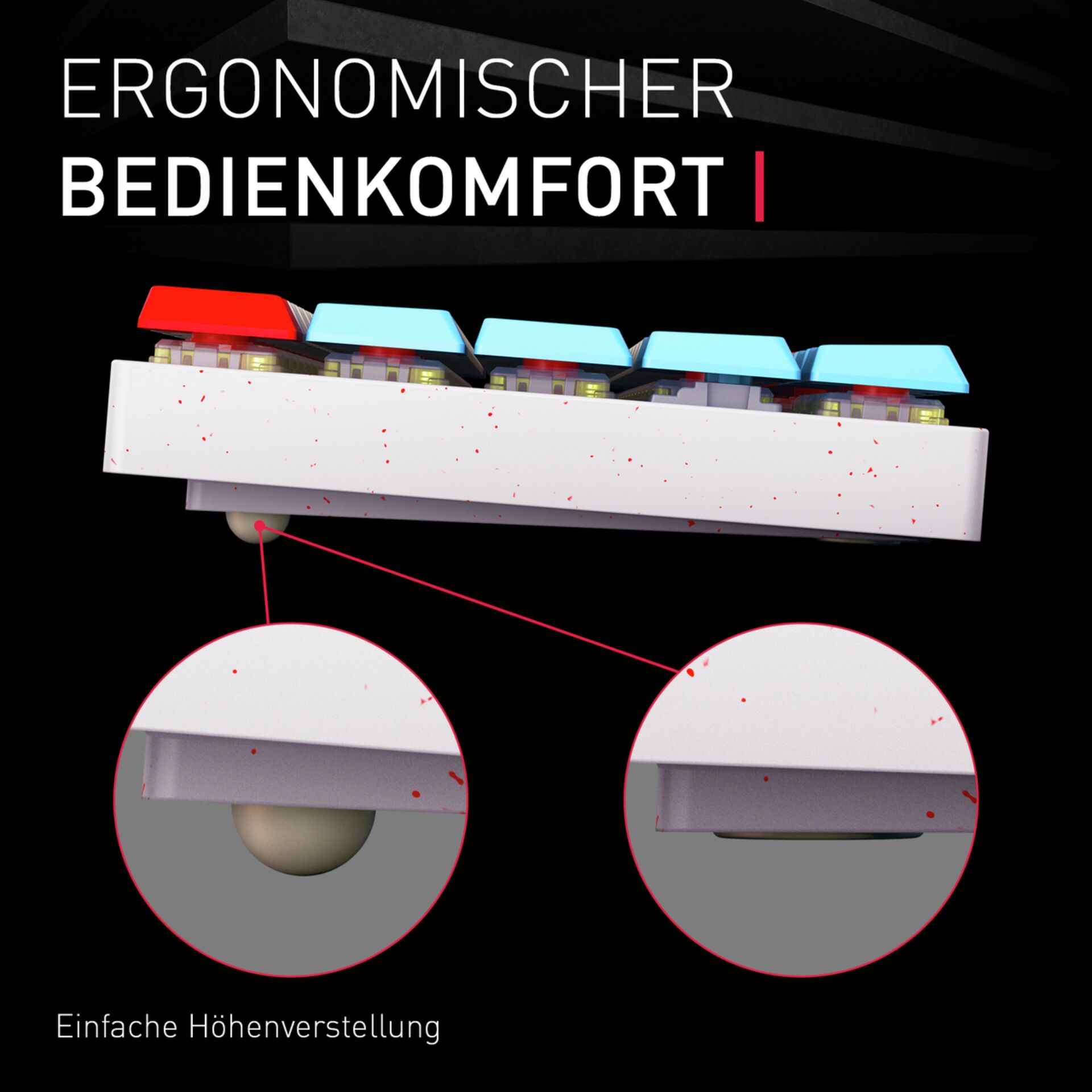 mechanischer_tastatur, ergonomisch, bunte_tasten, weißer_rahmen, höhe_einstellbar