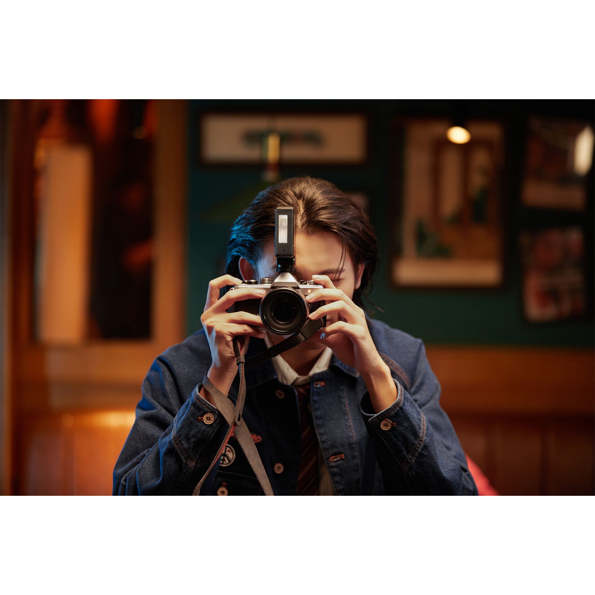 kamera, Fotograf, Denim-Jacke, Lichtschlitz, Paarfarben