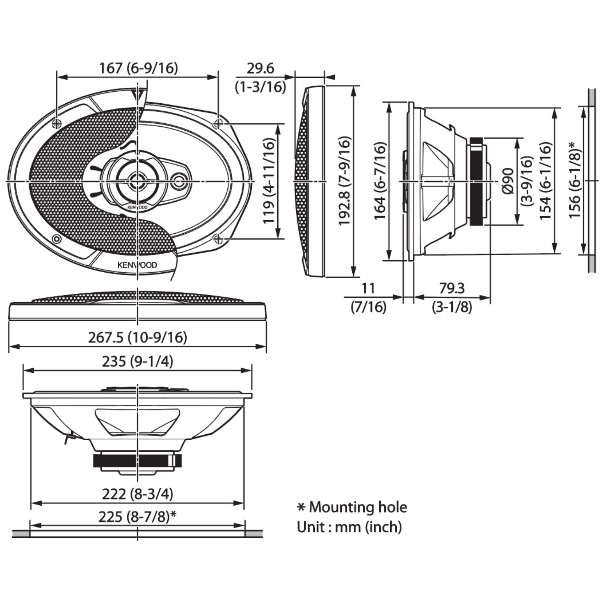 Lautsprecher, Kfz-Audio, Lautsprecher-Diagramm, Kenwood, Maße