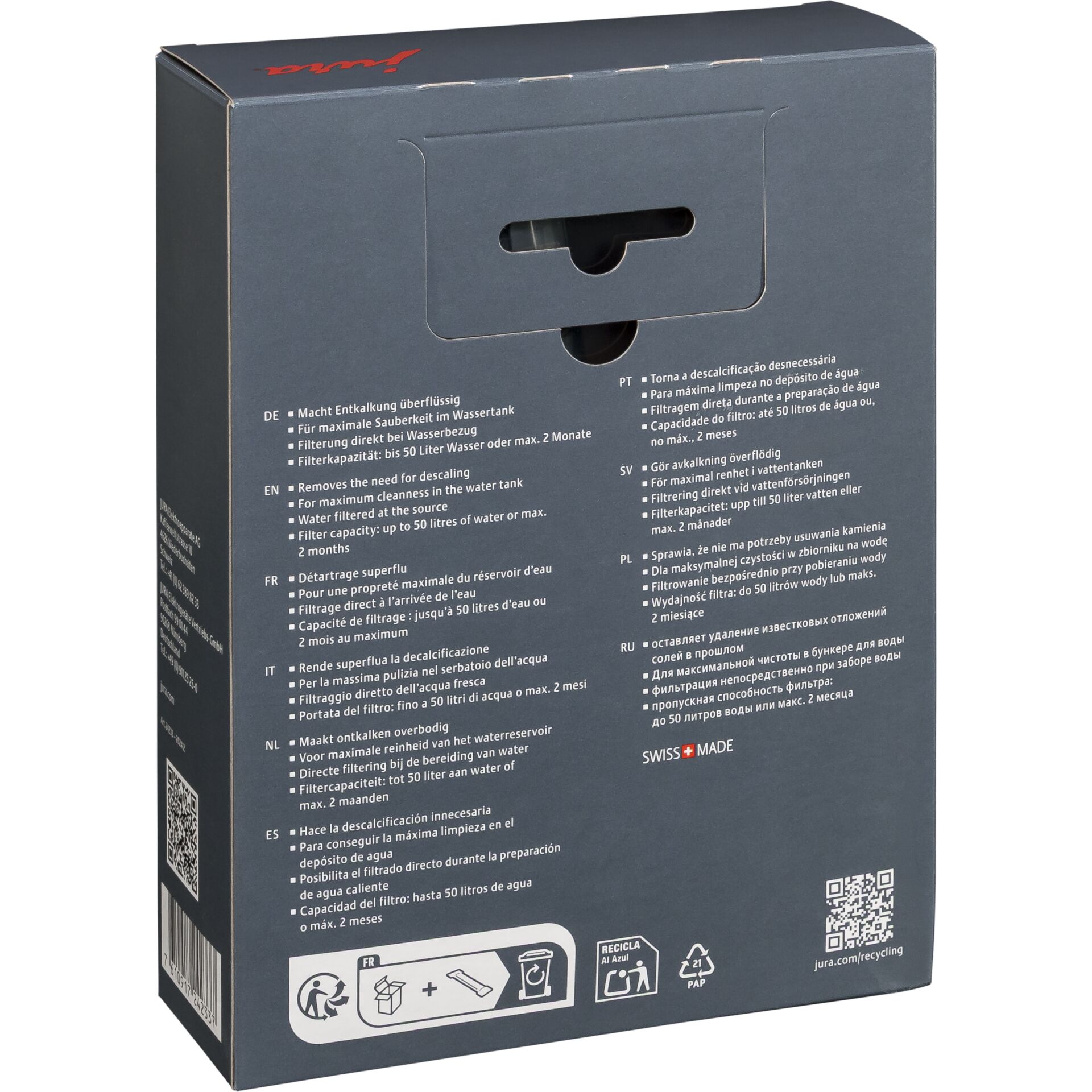 Wassertank-Filter, Filtration, Kartonverpackung, Schweiz hergestellt, Recycling