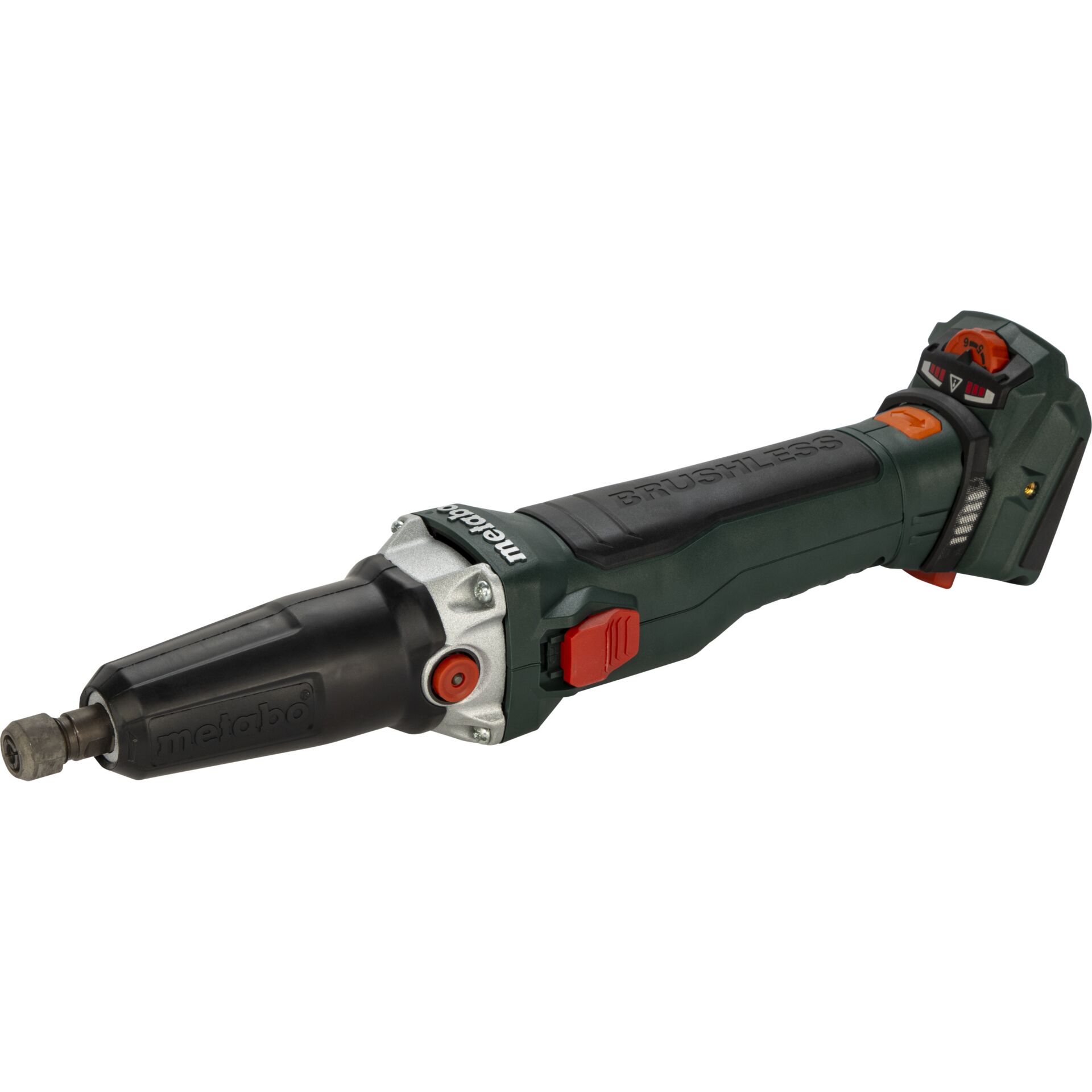 Gerät, Akku-Geradschleifer, bürstenloser Motor, grün-schwarzes Gehäuse, Metallspannzange, roter Schalter