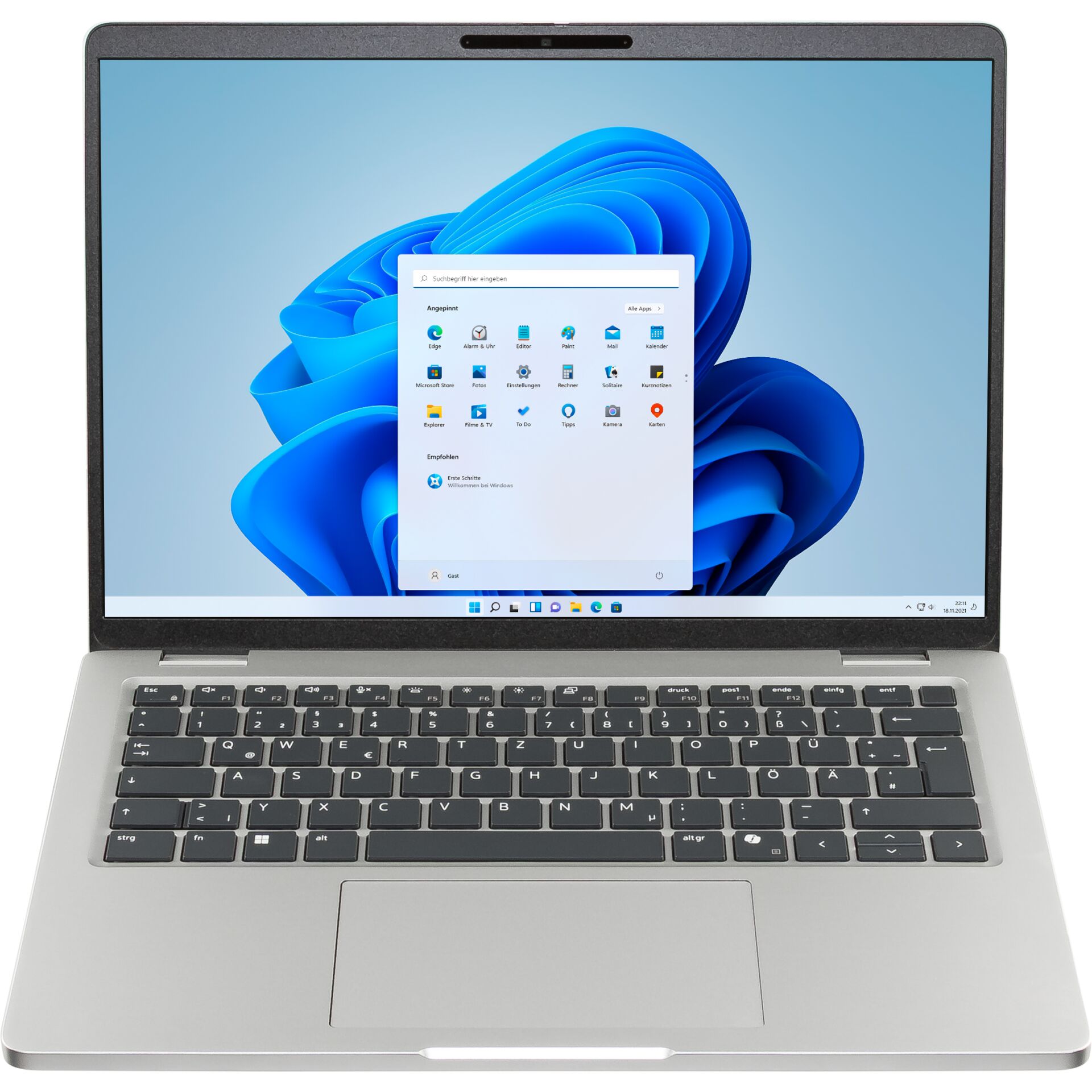 Laptop, Silbernes Gehäuse, Windows 11, Deutsche Tastatur, Touchpad