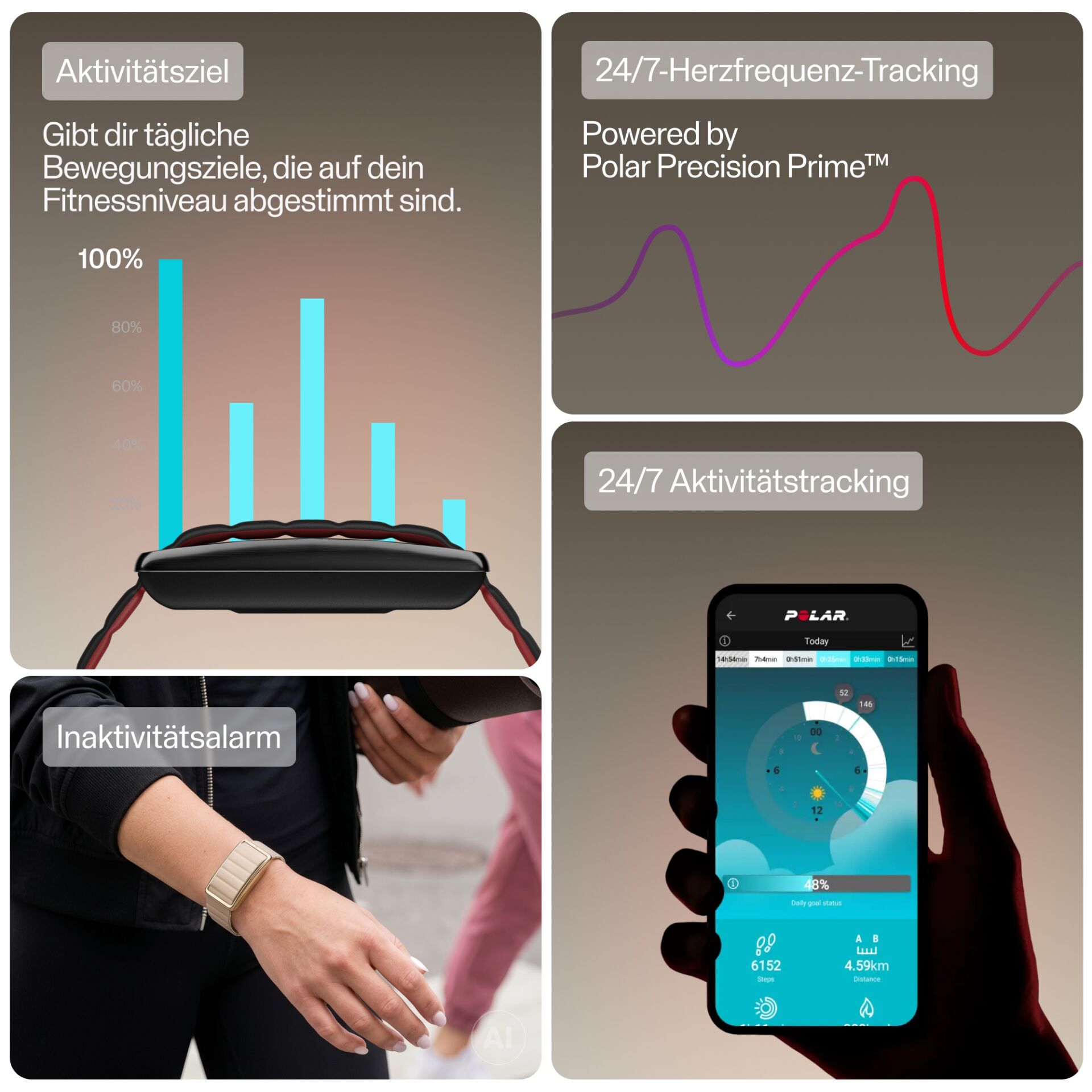 Fitnessuhr, Herzfrequenzmessung, Aktivitätstracking, Inaktivitätsalarm, Bewegungsziele