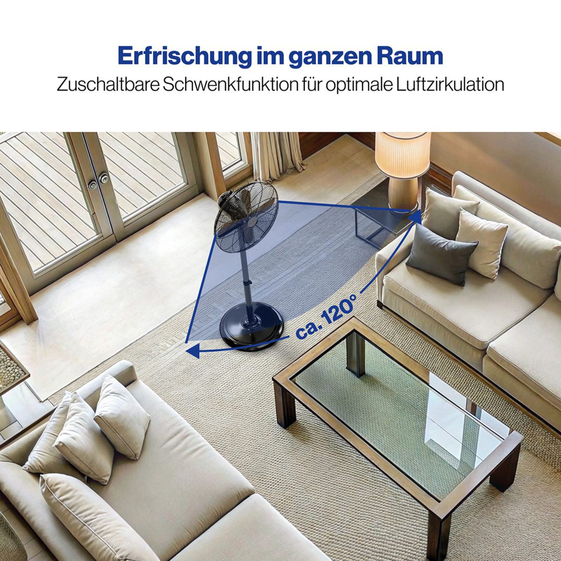 Ventilator, Standaloneer Ventilator, abstandsverstellbar, runder Standfuß, Wohnzimmer
