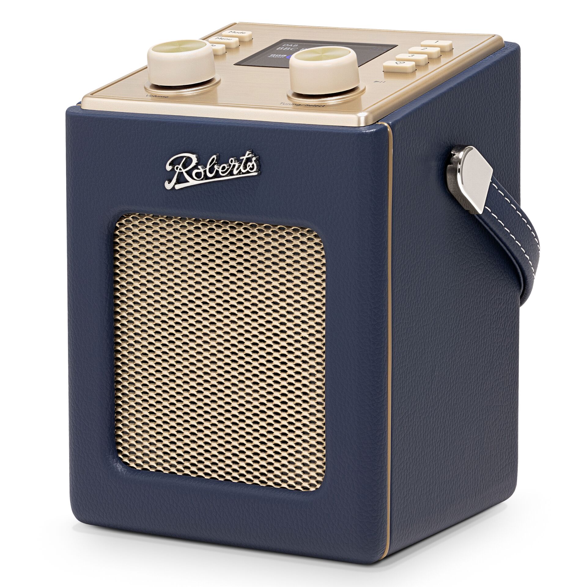Tragbares Radio, Bluetooth-Lautsprecher, dunkelblaues Gehäuse, Tragegriff, Retro-Design