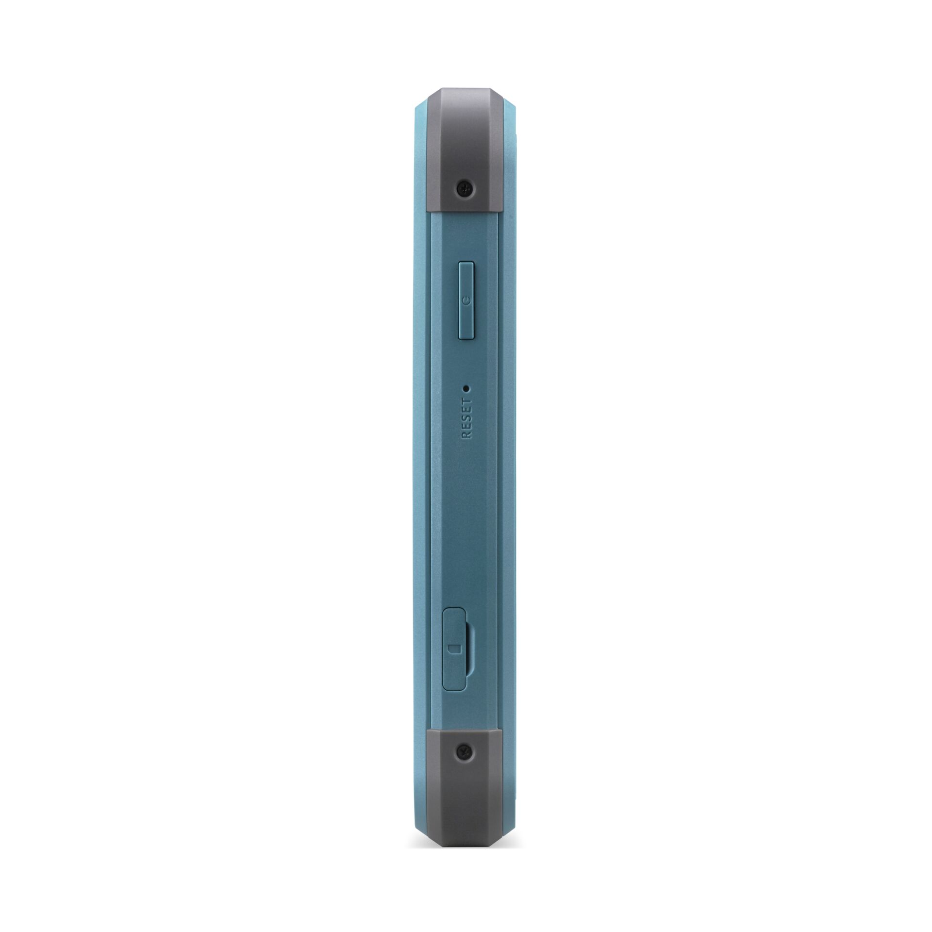 bluish device, Seitlichansicht, Netzschalter, Reset-Taste, Schraubendetails