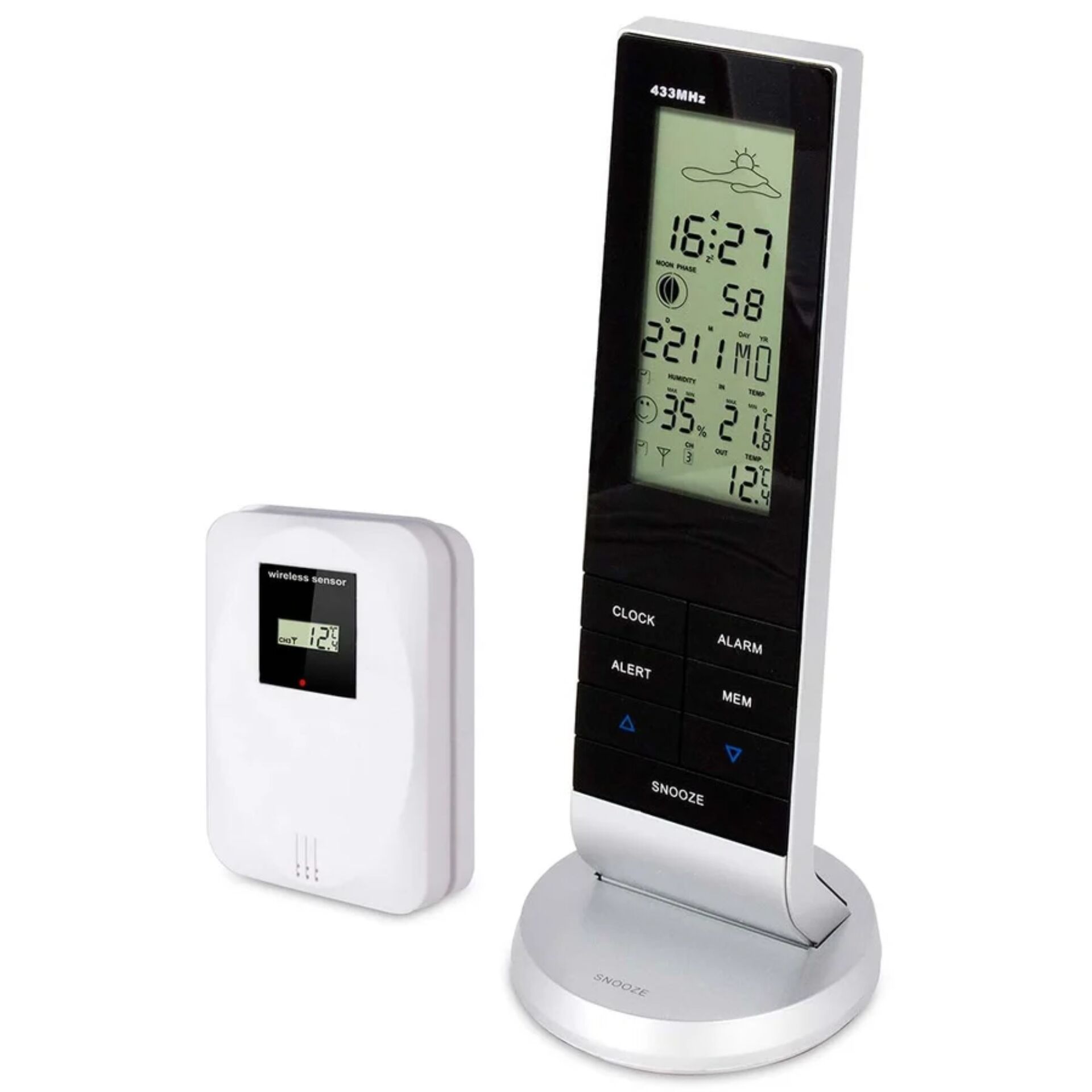 digital clock, alarm clock, weather station, stand desk clock, wireless sensor