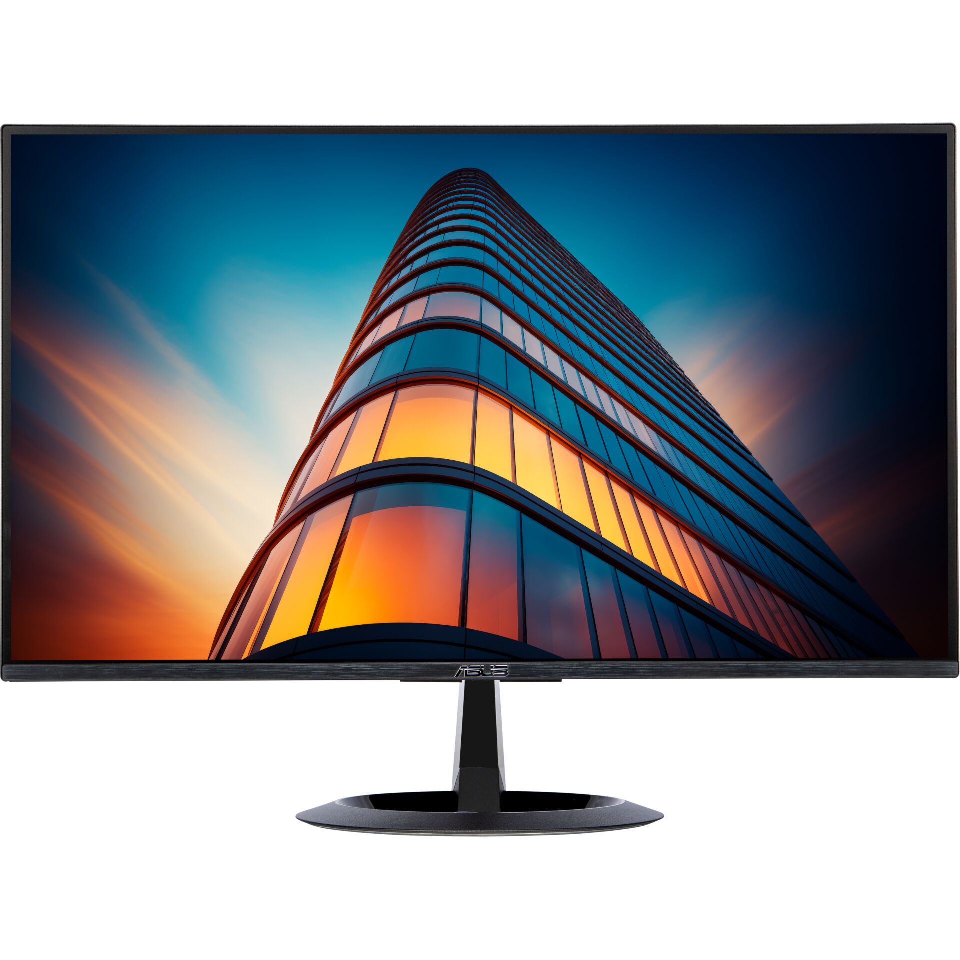 Computermonitor, Flachbildschirm, Schwarzes Gehäuse, Breitbild, Runder Standfuß, Computerbildschirm, Flachbildschirm, Schwarzes Gehäuse, Dünner Rahmen, Standfuß