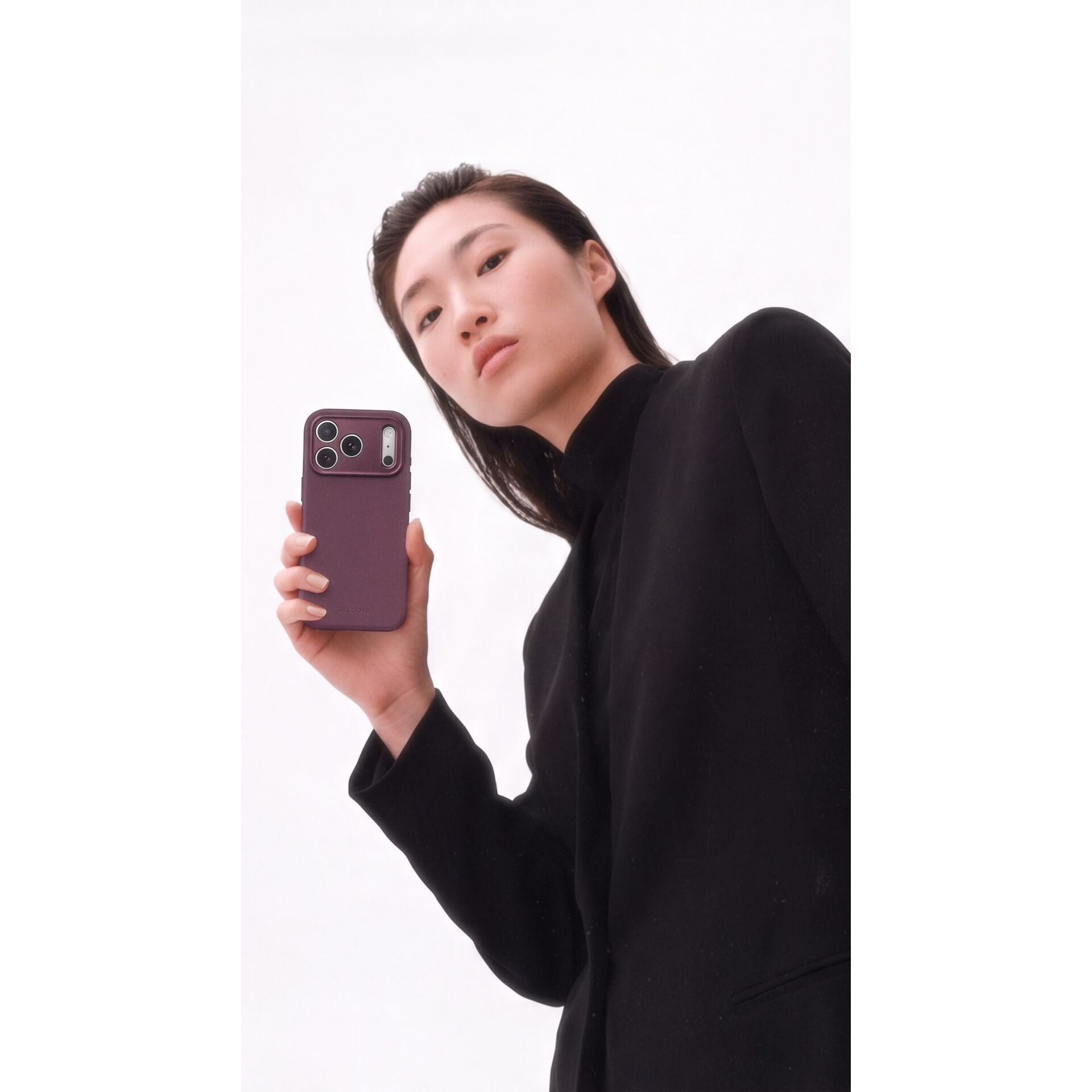 smartphone, purple case, phone cover, black outfit, model portrait