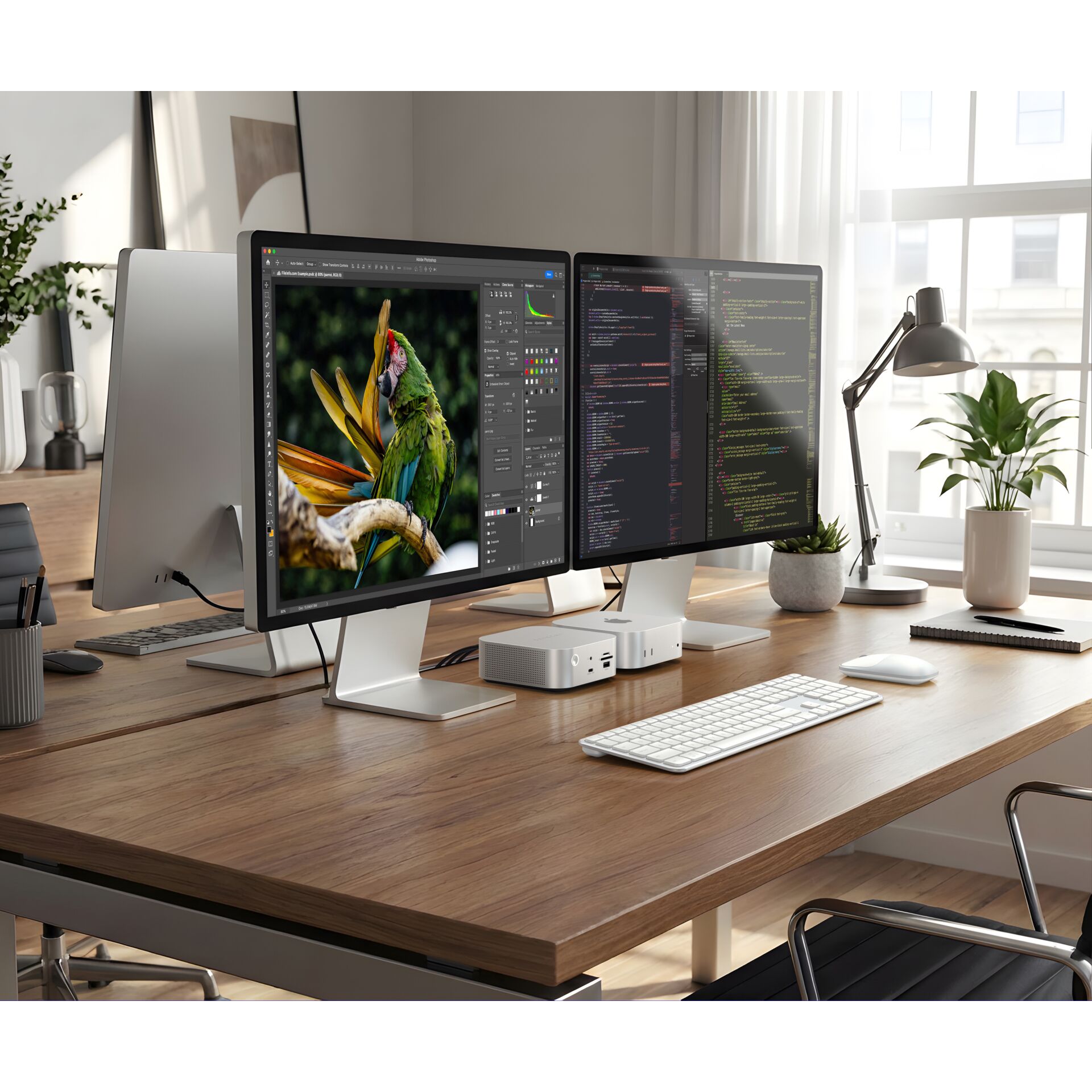 Monitor, Dual monitor, Desk setup, Parrot image, Technology desk