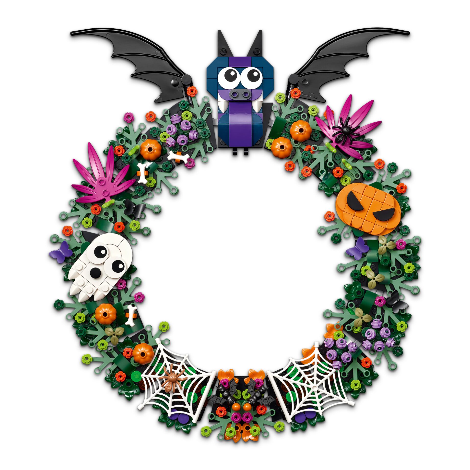 Halloweenkranz, Lego-Dekoration, Fledermaus-Spinne Kürbis, weißer Geist, Spider-Webs