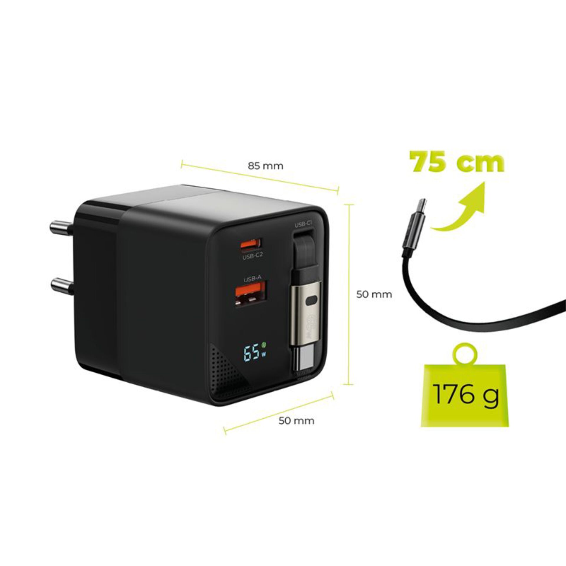 Ladeadapter, Multifunktionsladegerät, USB-C, USB-A, Digitalanzeige
