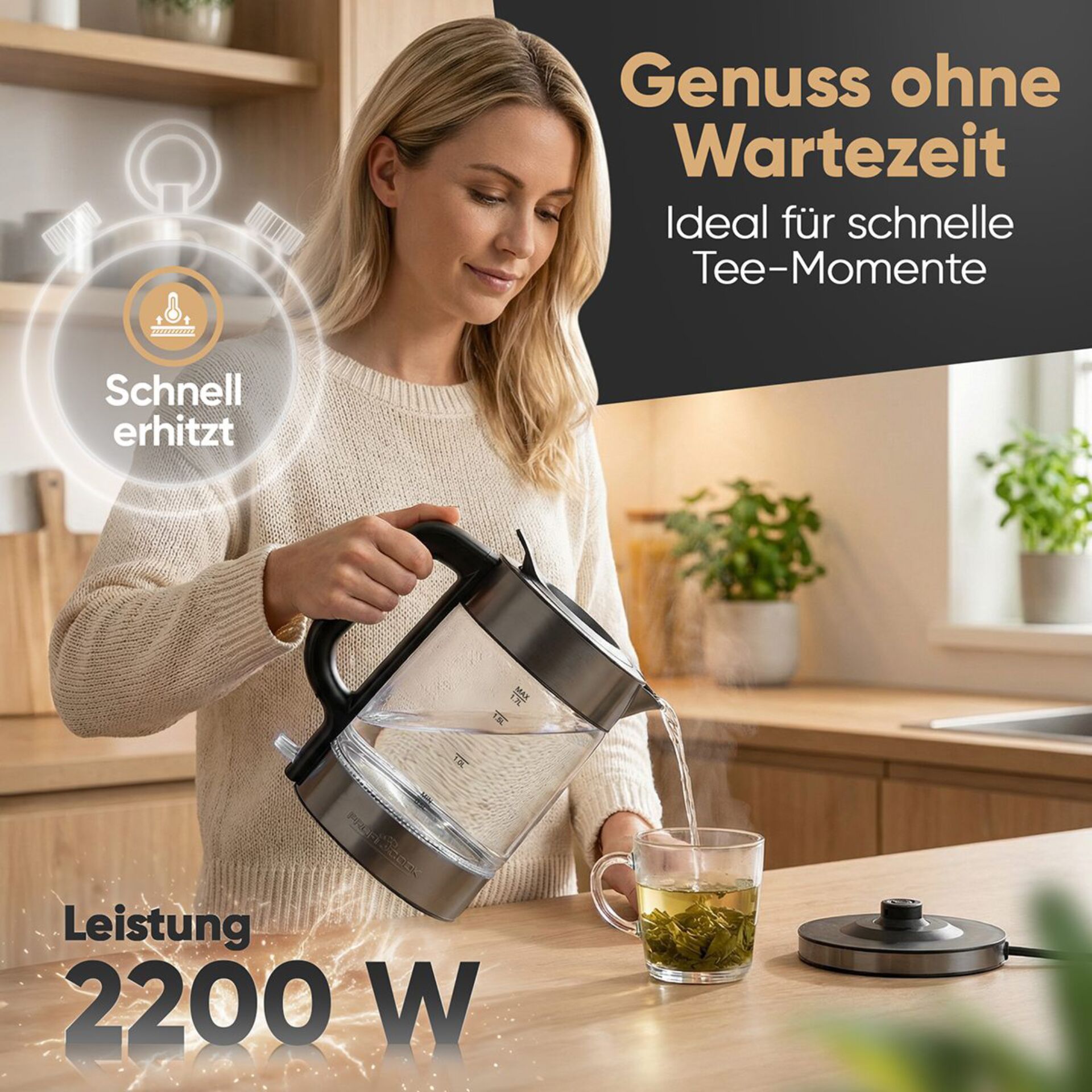 Wasserkocher, Teekanne, 3000 W, Glasbehälter, Schnellheizung