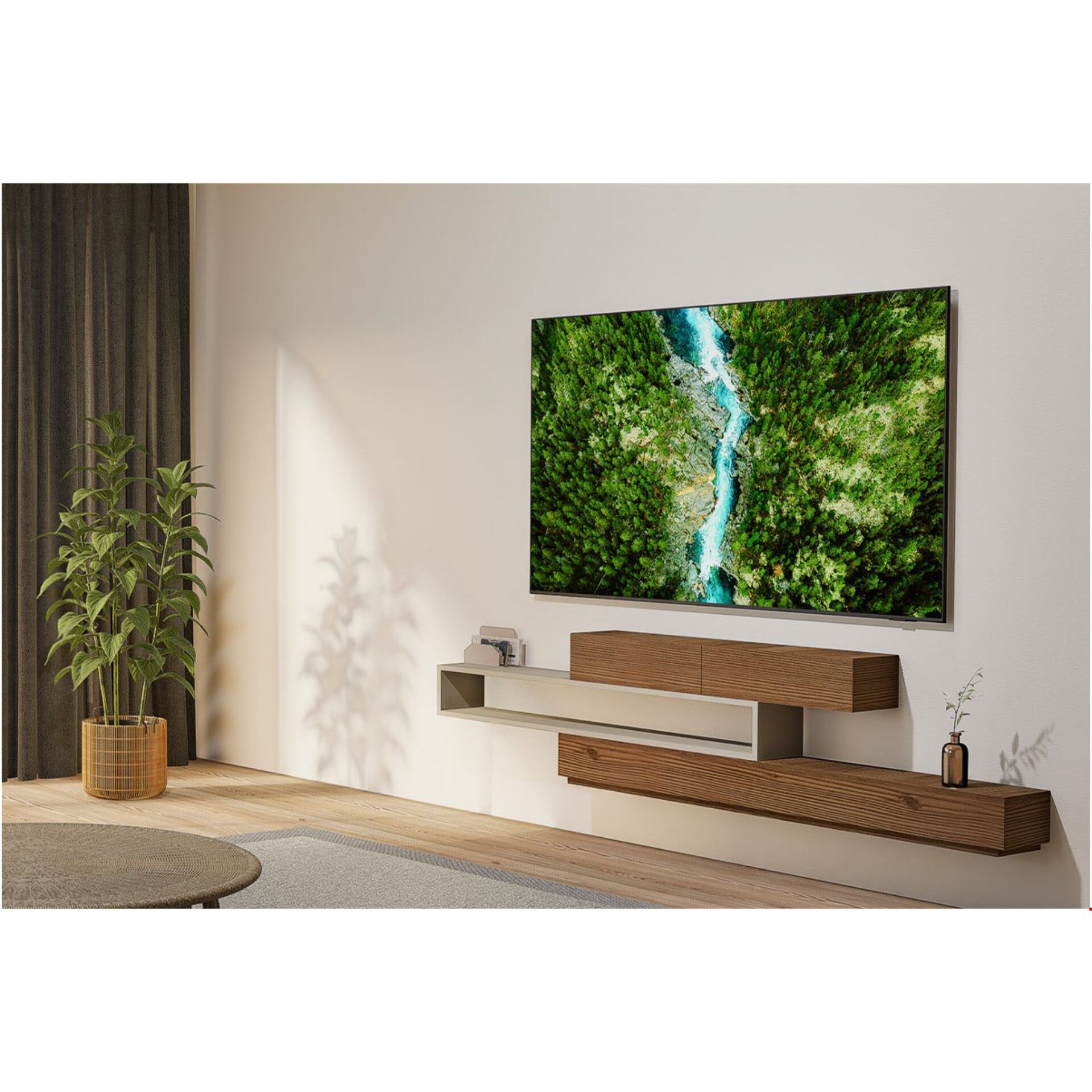 Fernseher, Flachbildschirm, Wandmontage, Wohnzimmer, Holzkonsole