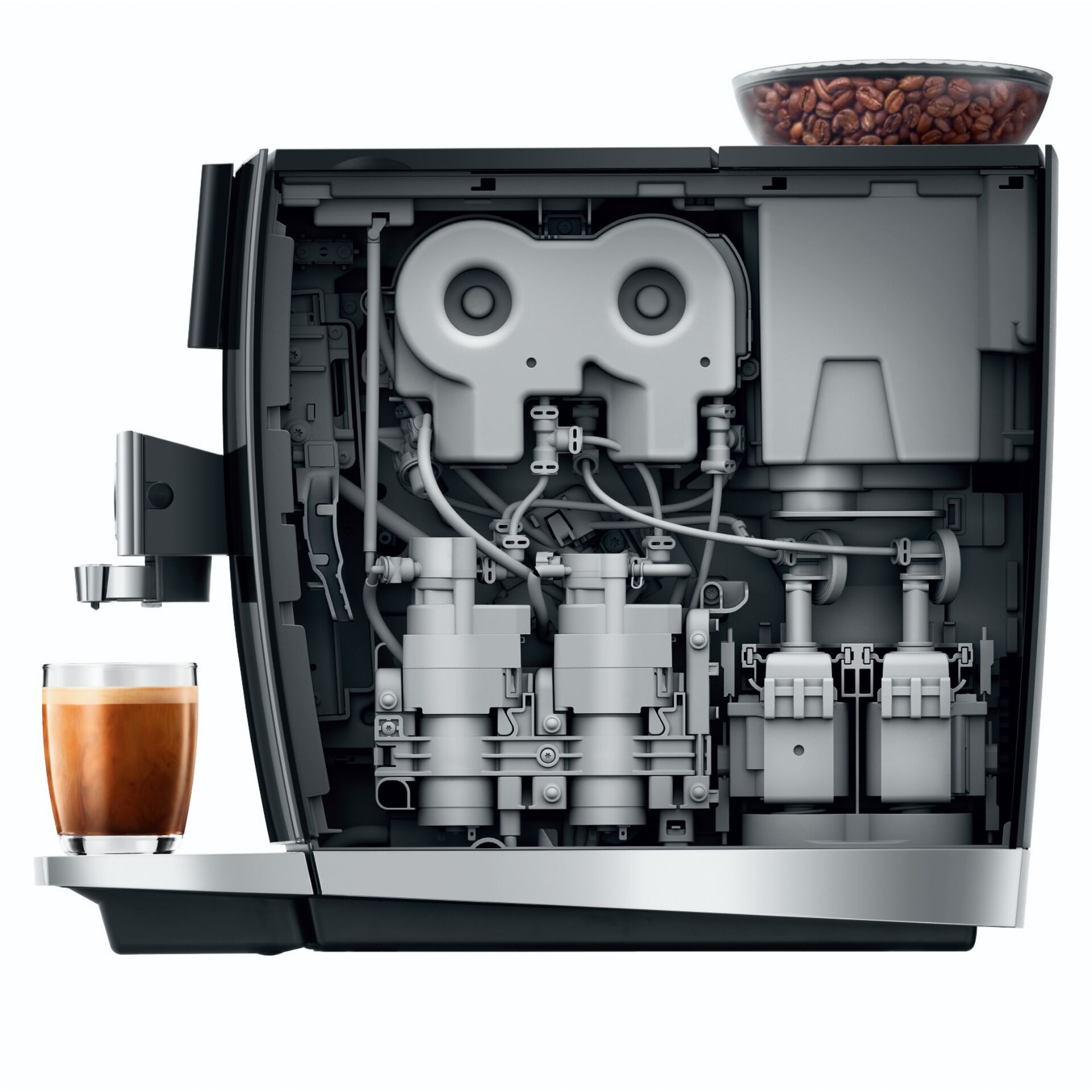 Kaffeemaschine, Innenansicht, Brühgruppe, Wasserbehälter, Kaffeeplatz