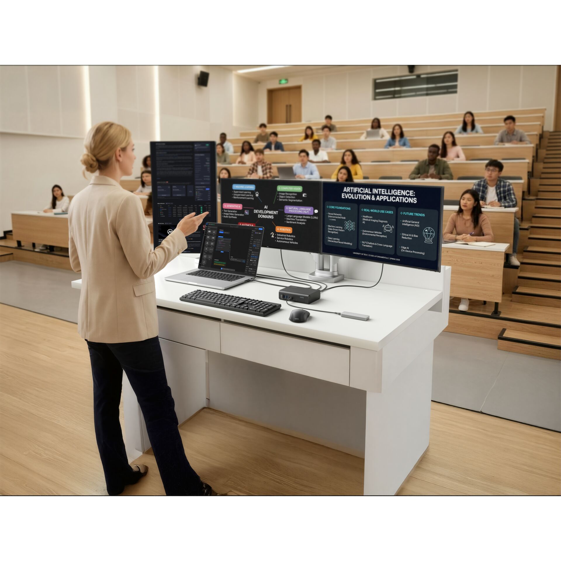 Präsentation, Lehrvorlesung, Universität, Hörsaal, Multimonitor-Setup