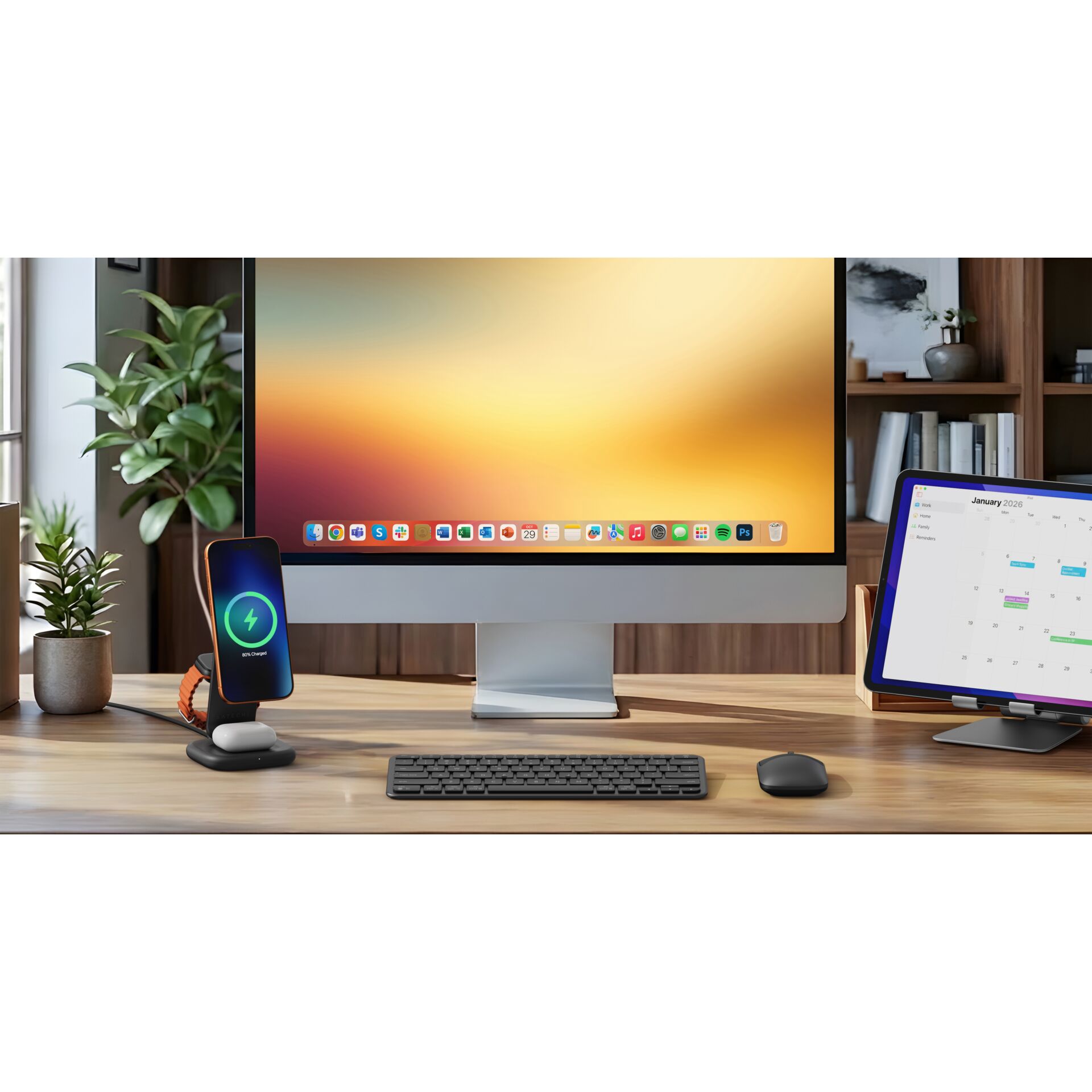 desktop setup, iMac, monitor, wireless charger, plants