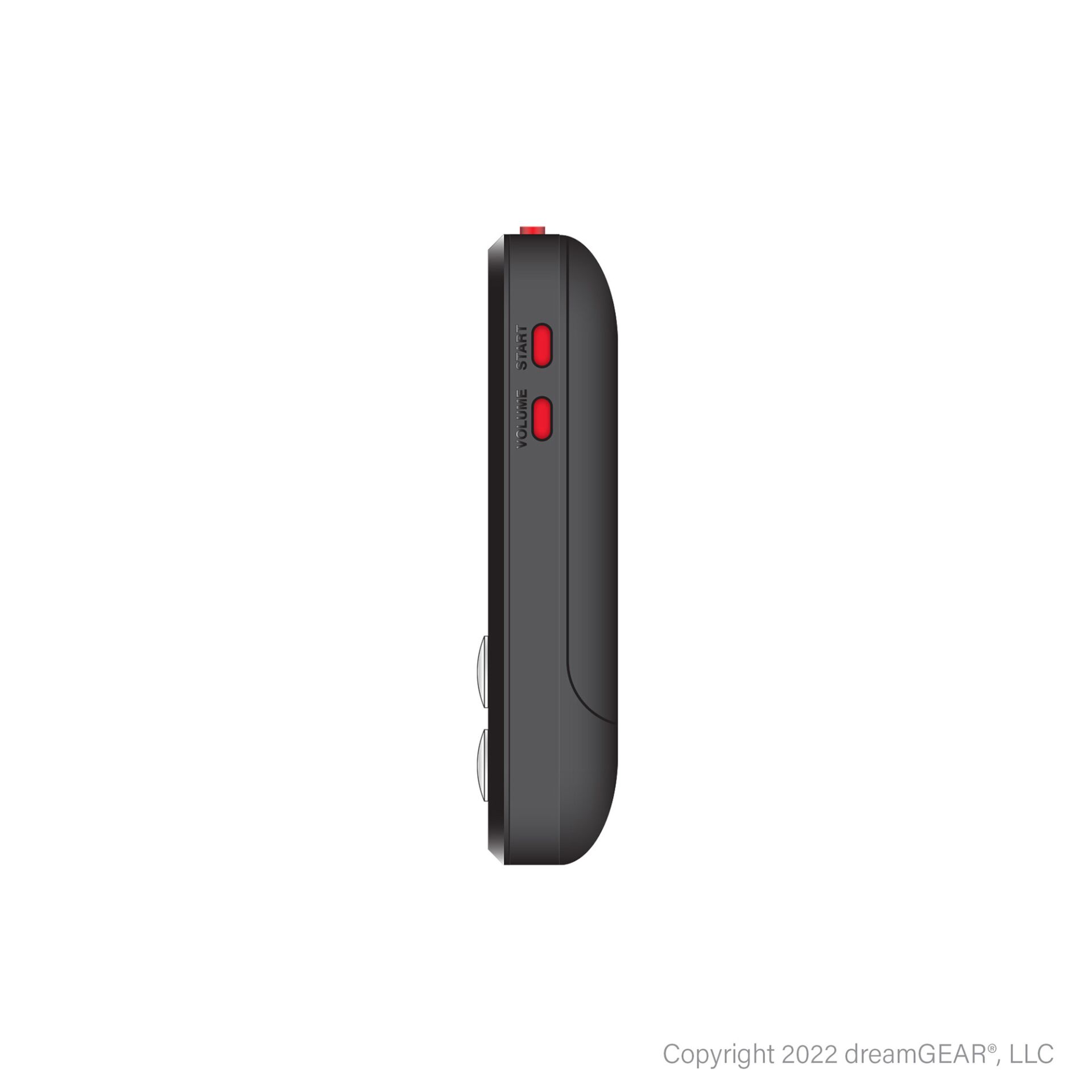 Smartwatch Seite, Rote Knöpfe, Digitaler Knopf?, Lautstärkeregler, Schwarzes Armbandgerät