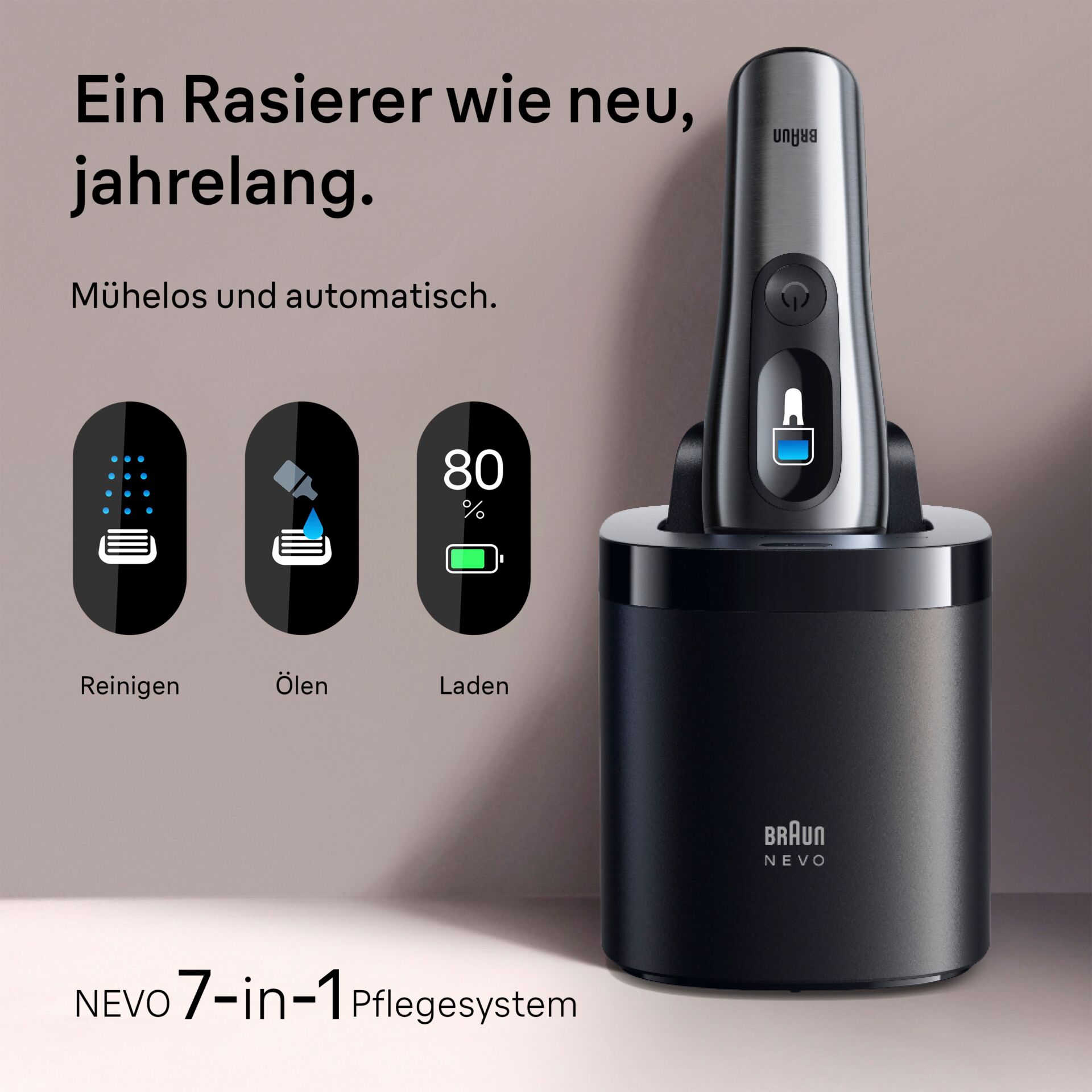Elektrischer Rasierer, Kopfteil?, Pflegesystem, Akkustand 80%, Ladeschale