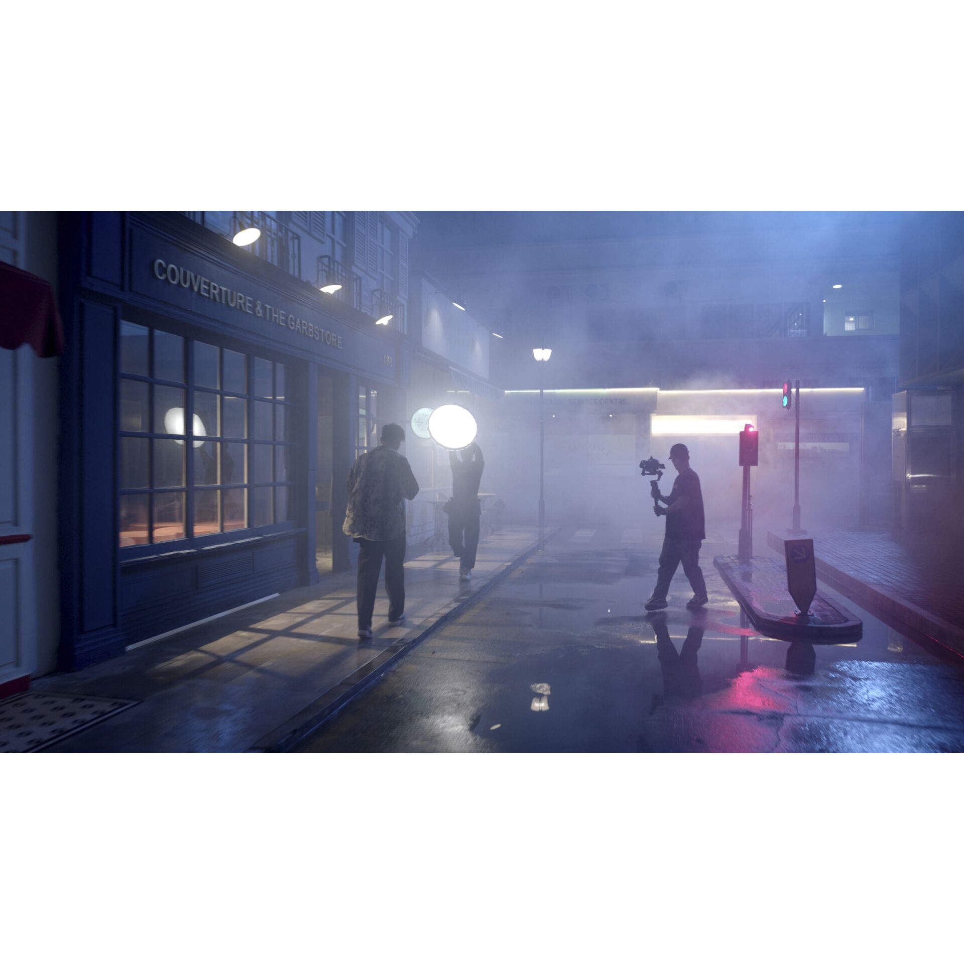 street, filmset, fog, streetlight, kamera