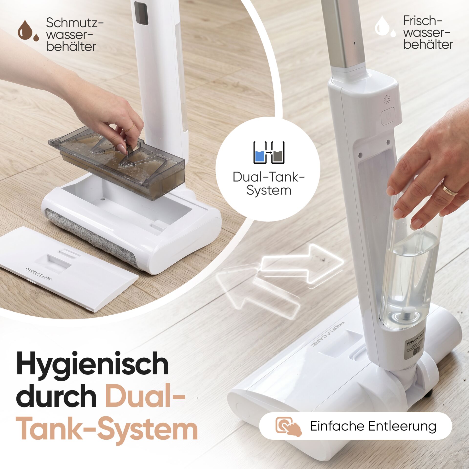 Akku-Wischsauger, Hartbodenreiniger, Doppeltanksystem, Frischwassertank, Schmutzwassertank