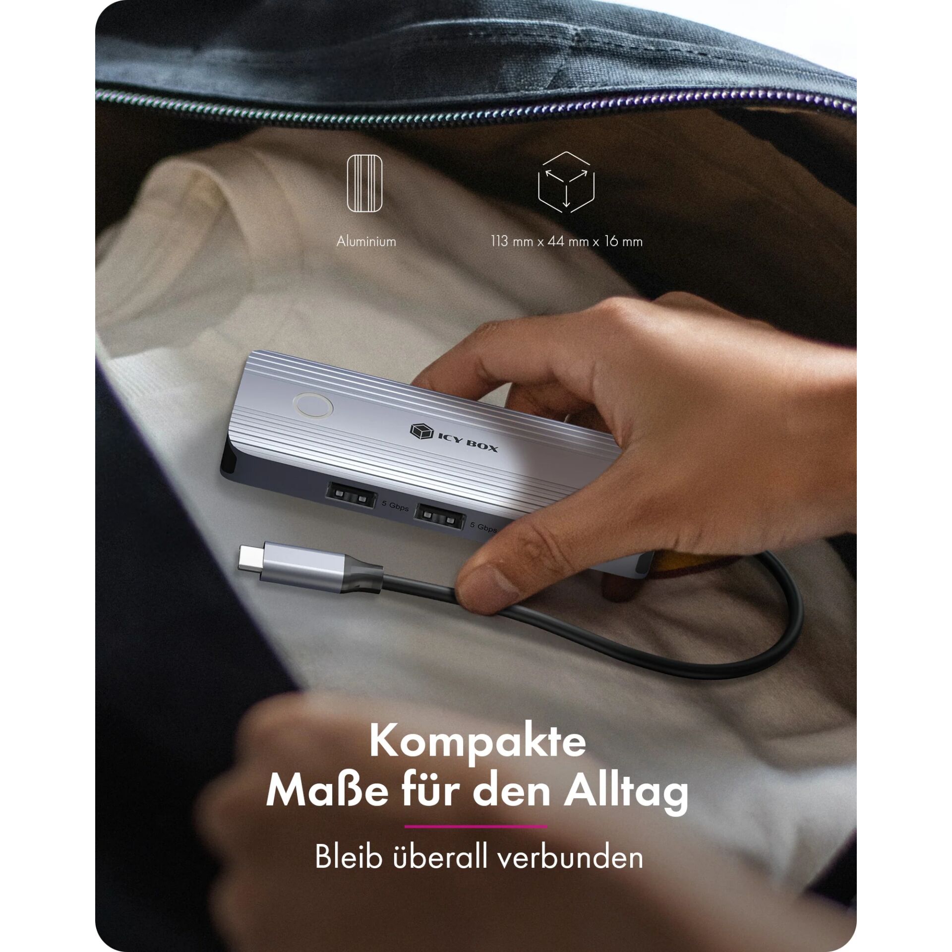 Aluminium, Kompakte Maße, USB-C, Hub, Alltagstasche