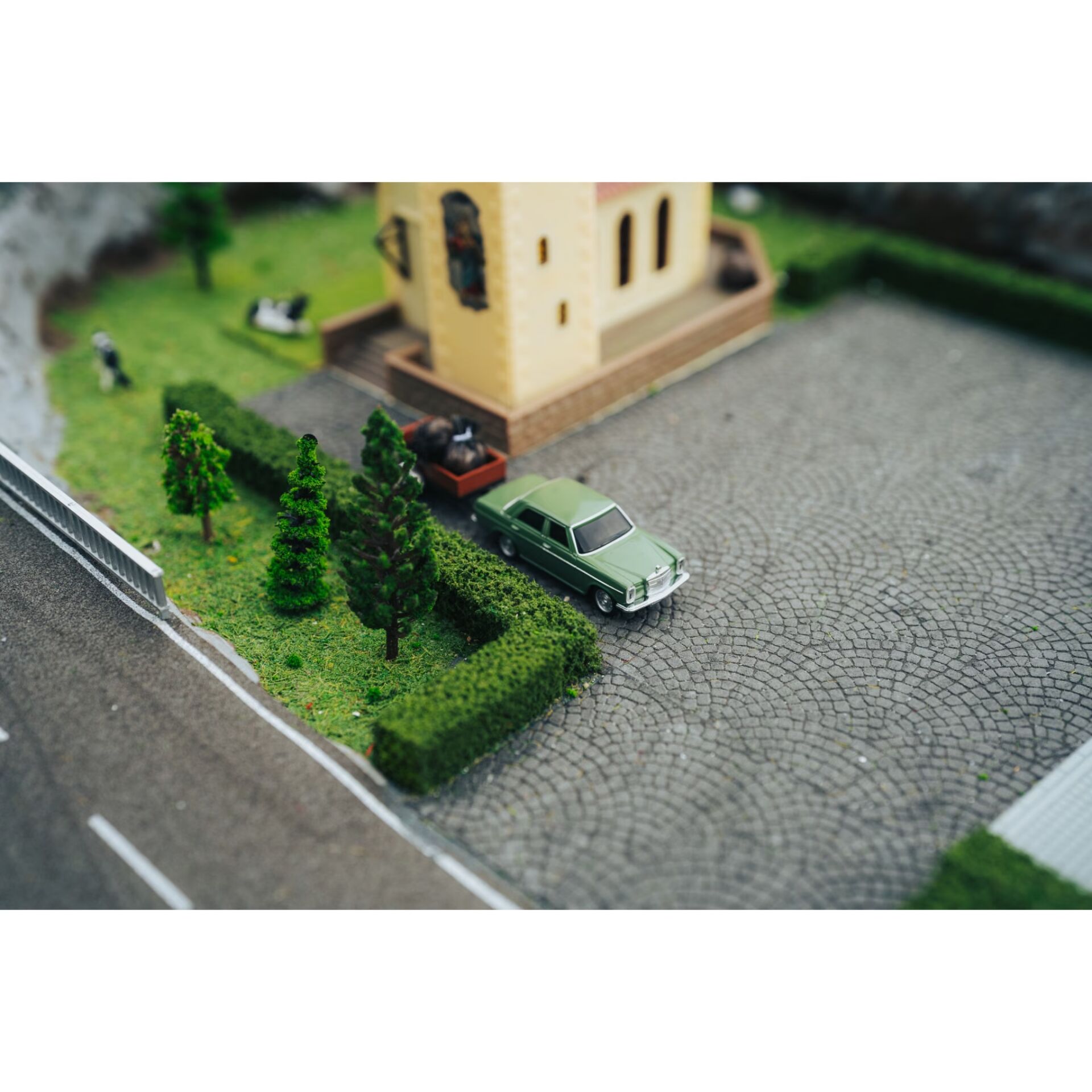 modellauto, grün, parkplatz, miniaturlandschaft, straße
