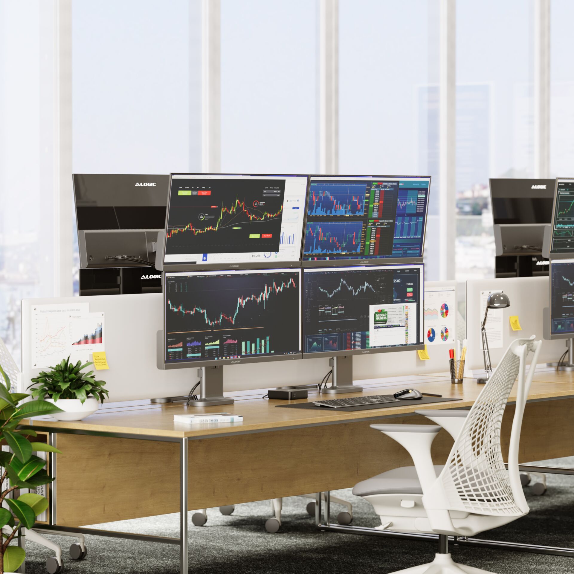 Trading-Desk, Multimonitor-Setup, Aktien-Charts, Büro-Arbeitsplatz, Ergonomischer-Stuhl