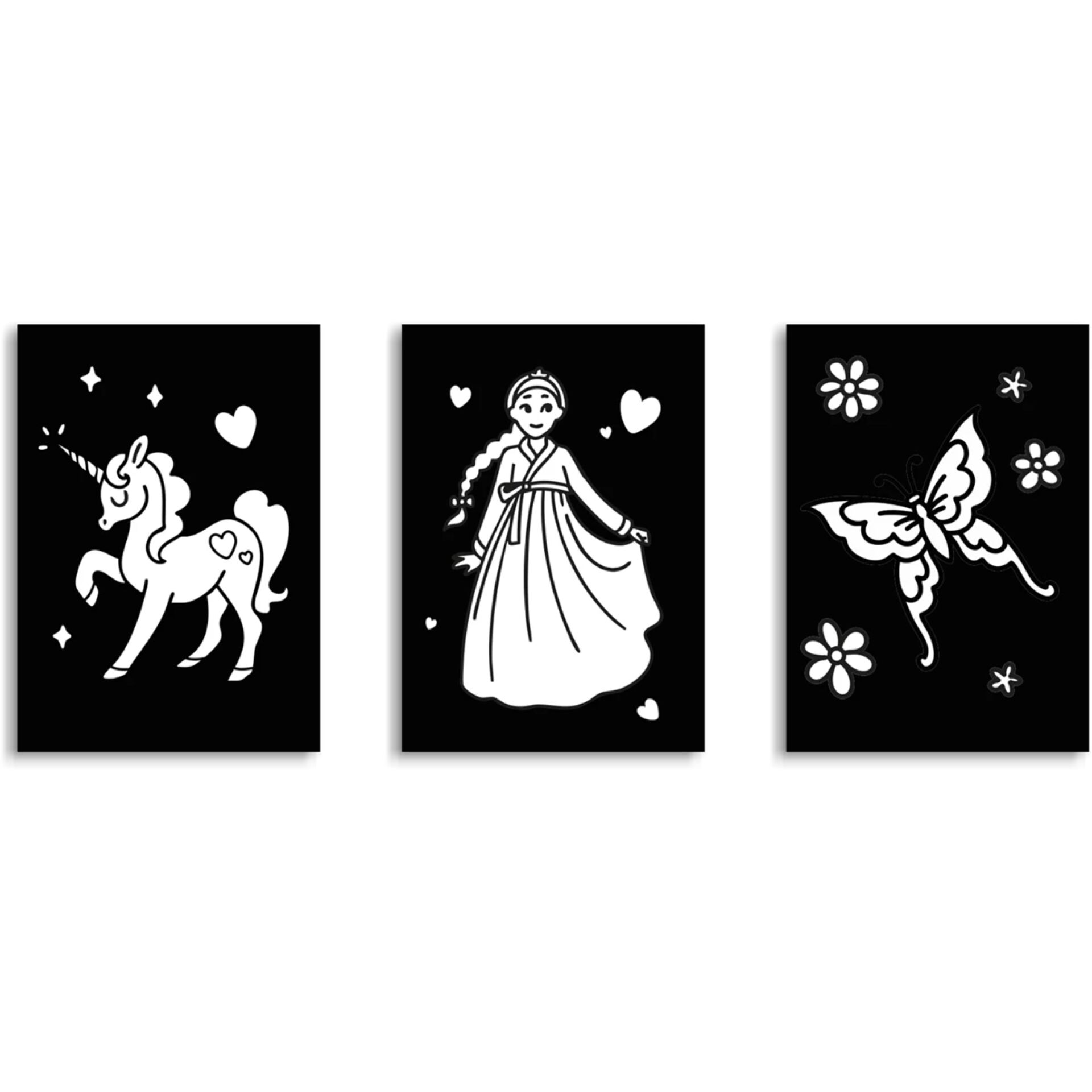 einhorn, prinzessin, schmetterling, dreiteilig, monochrom