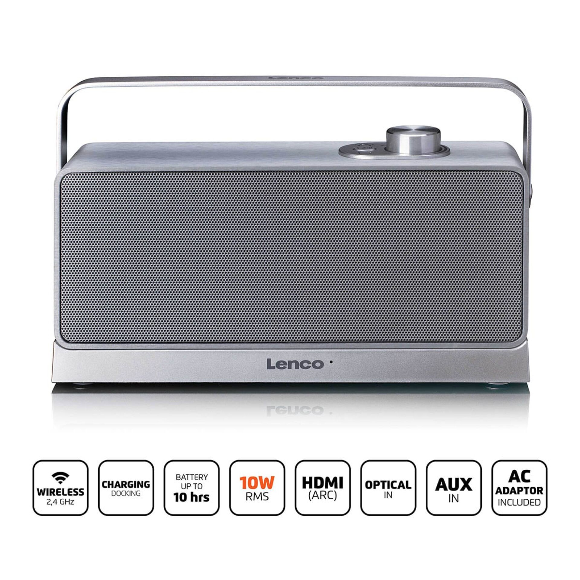 lenco speaker, tragbarer lautsprecher, bluetooth, silber, lautsprecher