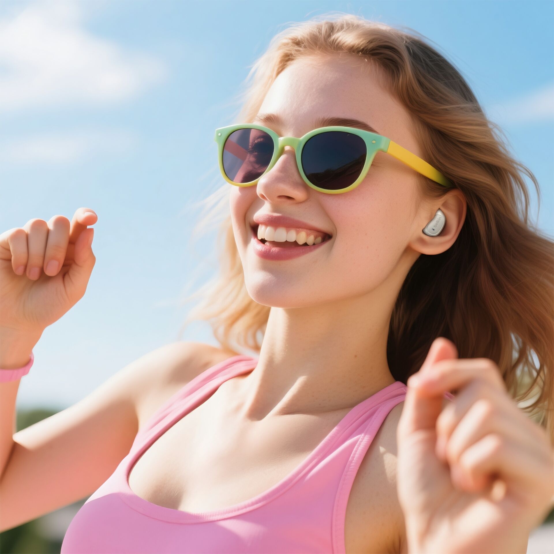 Sunglasses, Sonnenbrille, Kunststoffrahmen, grüne Gläser, Ohrhörer/In-Ear