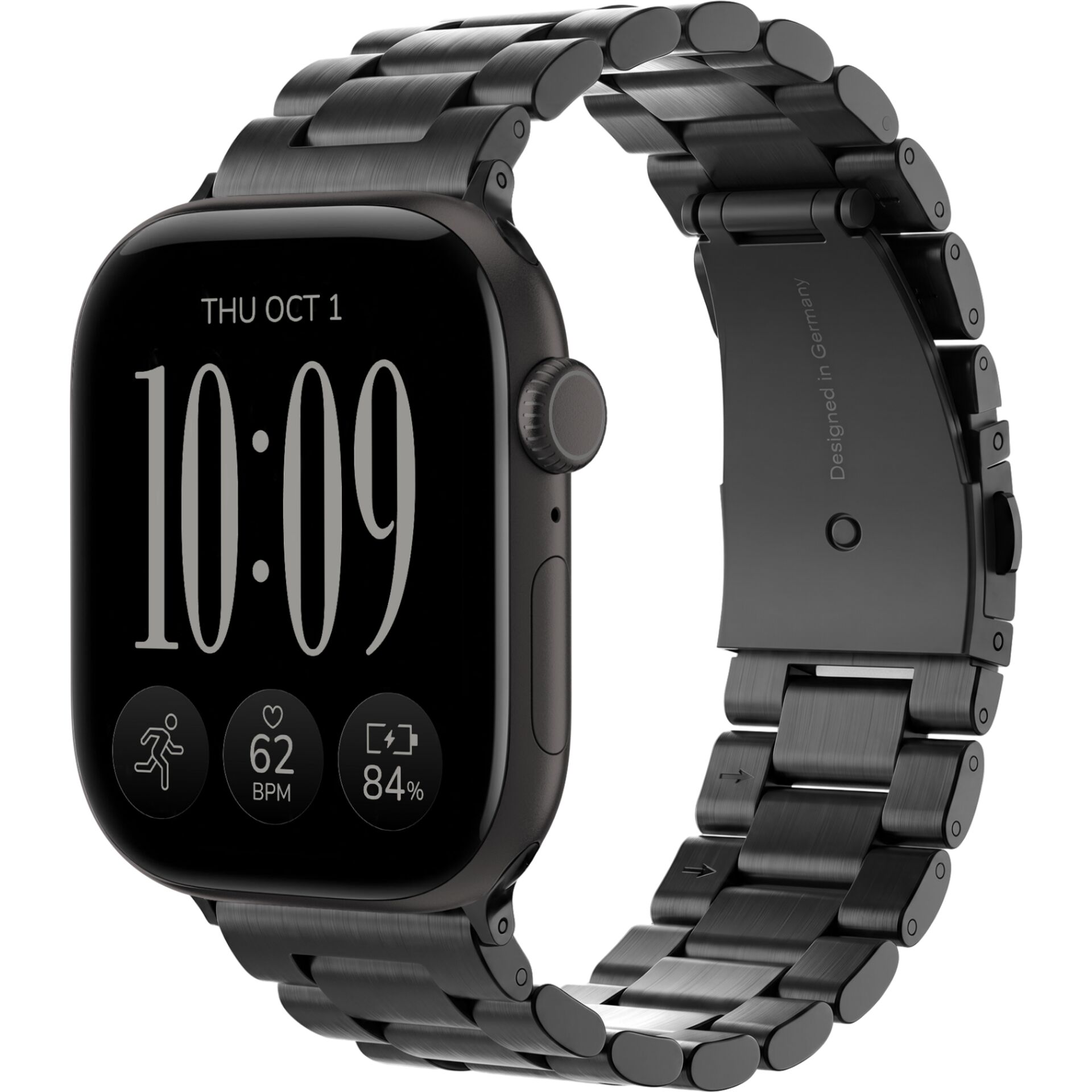 Smartwatch, schwarzes Gehäuse, Metallarmband, Touchscreen, Herzfrequenzmessung