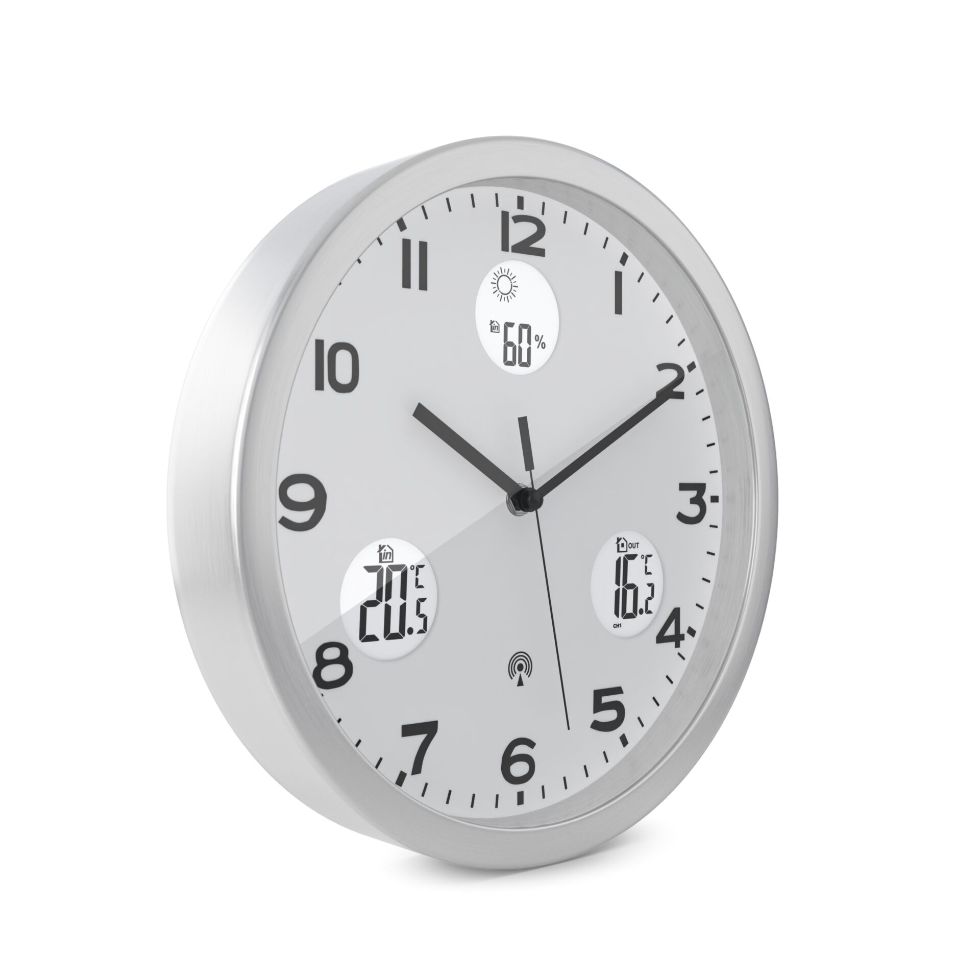 wanduhr, analoguhr, rahmenakku, silber, digitalanzeige