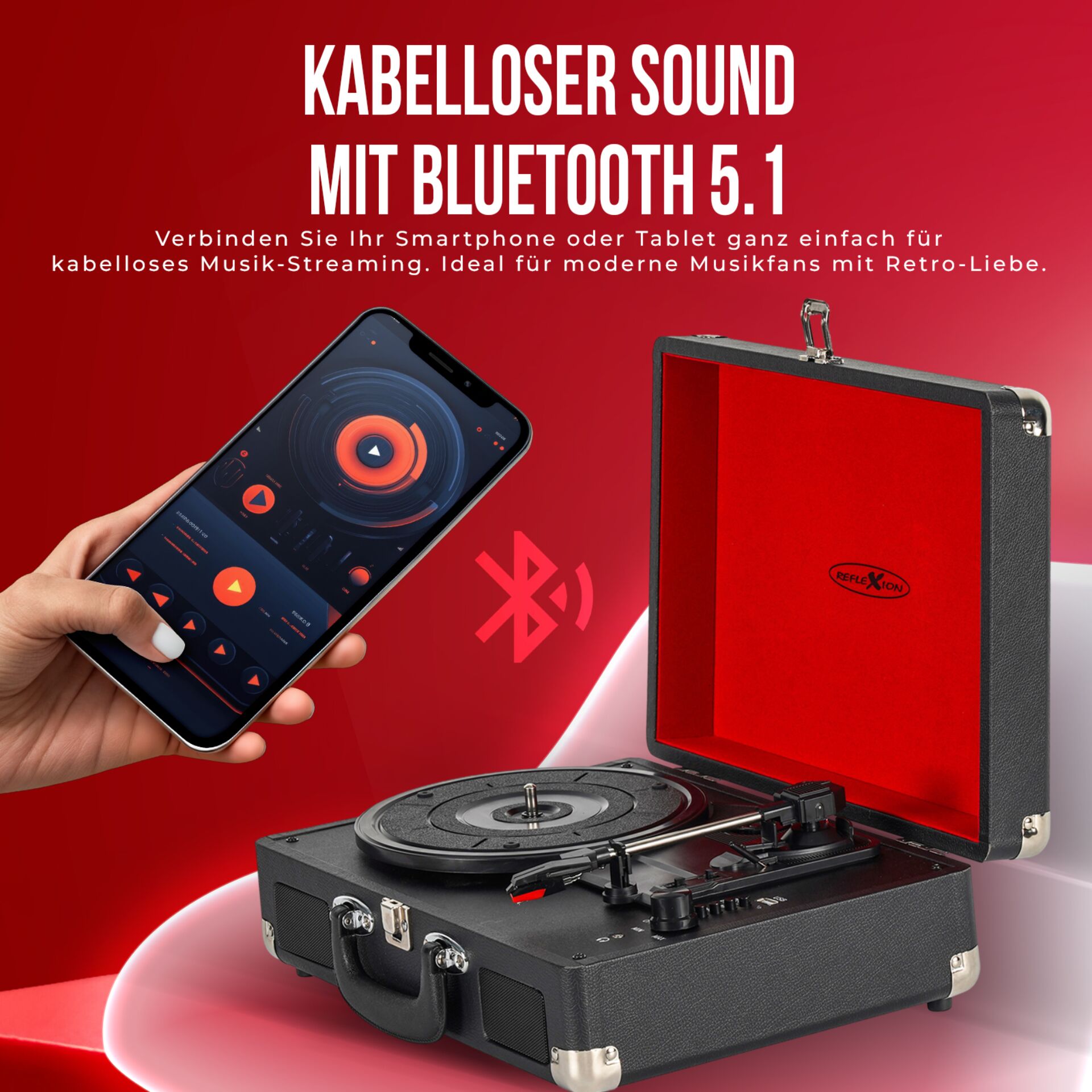 Kofferplattenspieler, Bluetooth 5.1, Schwarzes Gehäuse, Roter Deckel, Tragegriff
