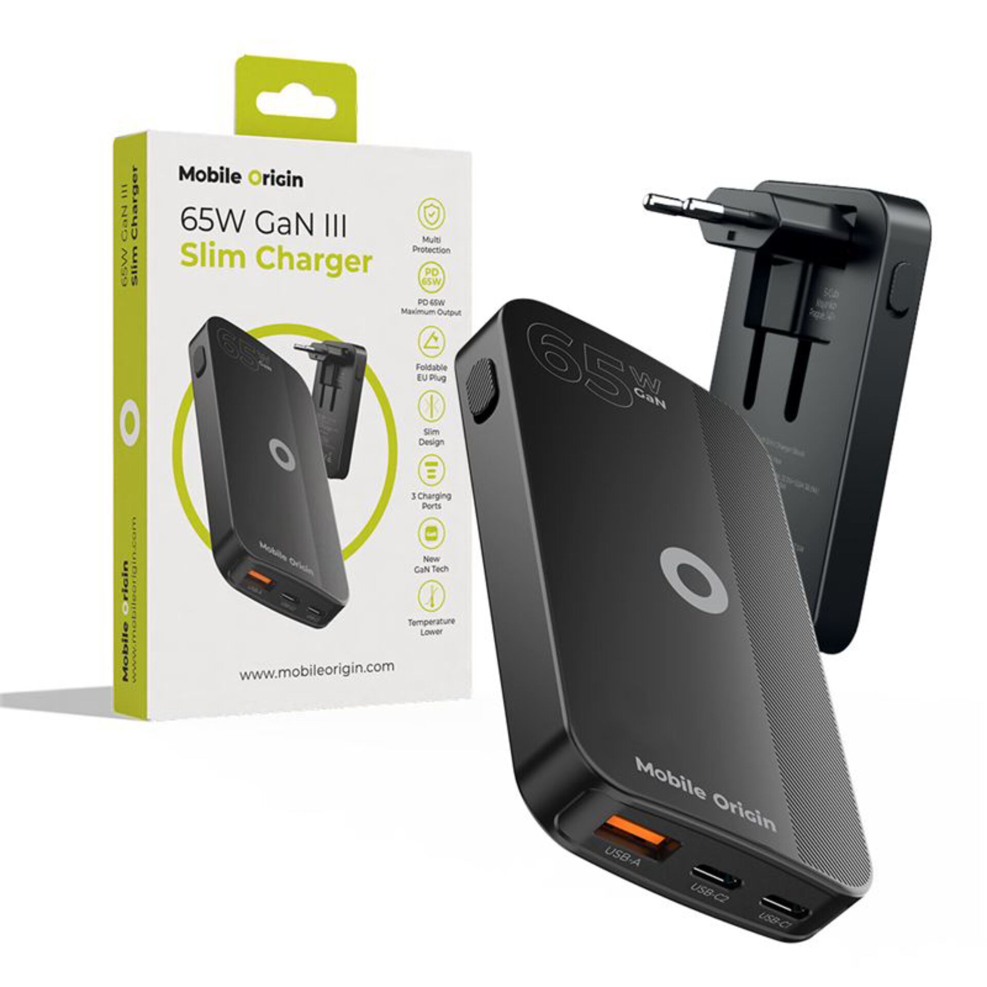 Mobile Origin 65W GaN Slim  dual USB-C single USB-A black