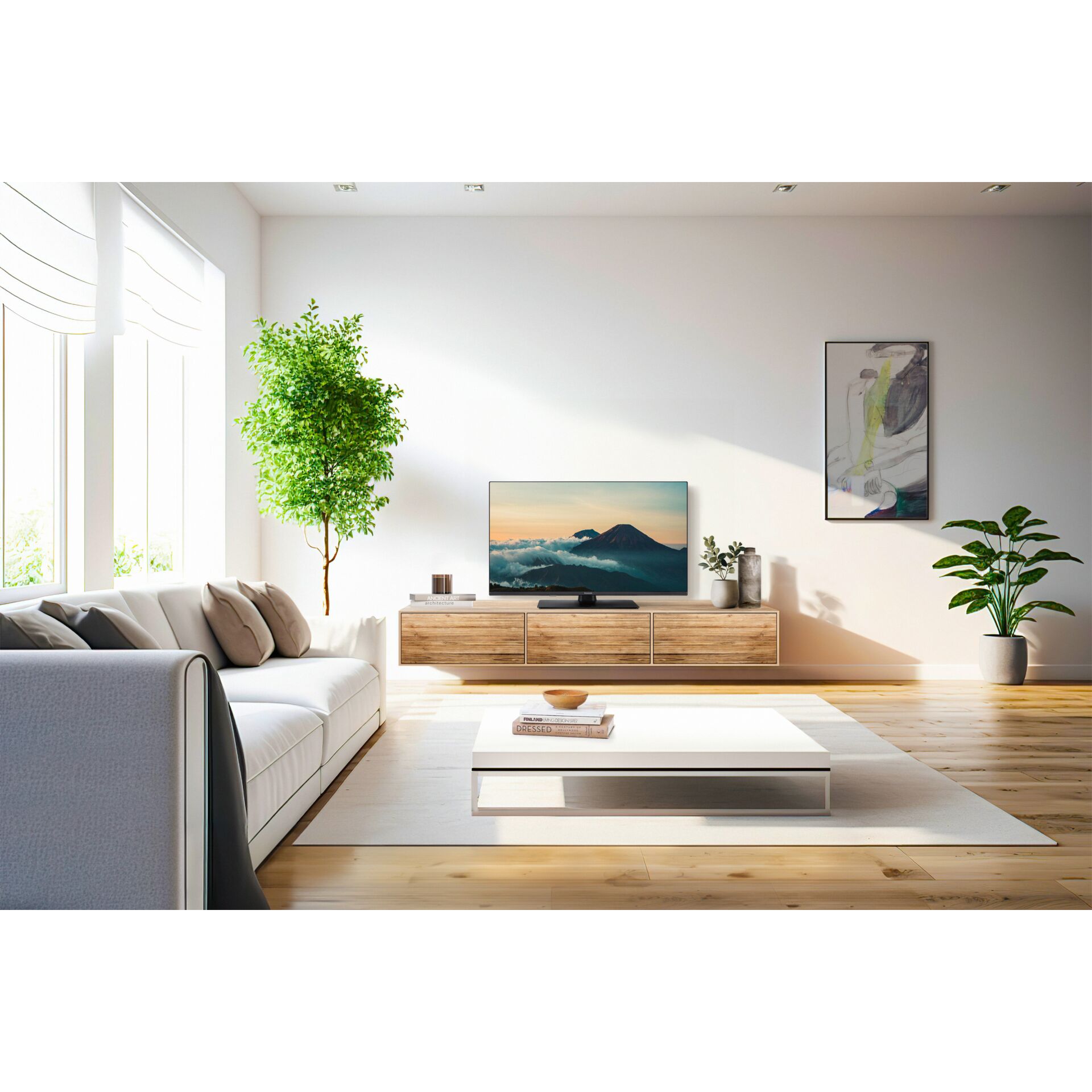wohnzimmer, fernseher, lowboard, pflanzen, sofa