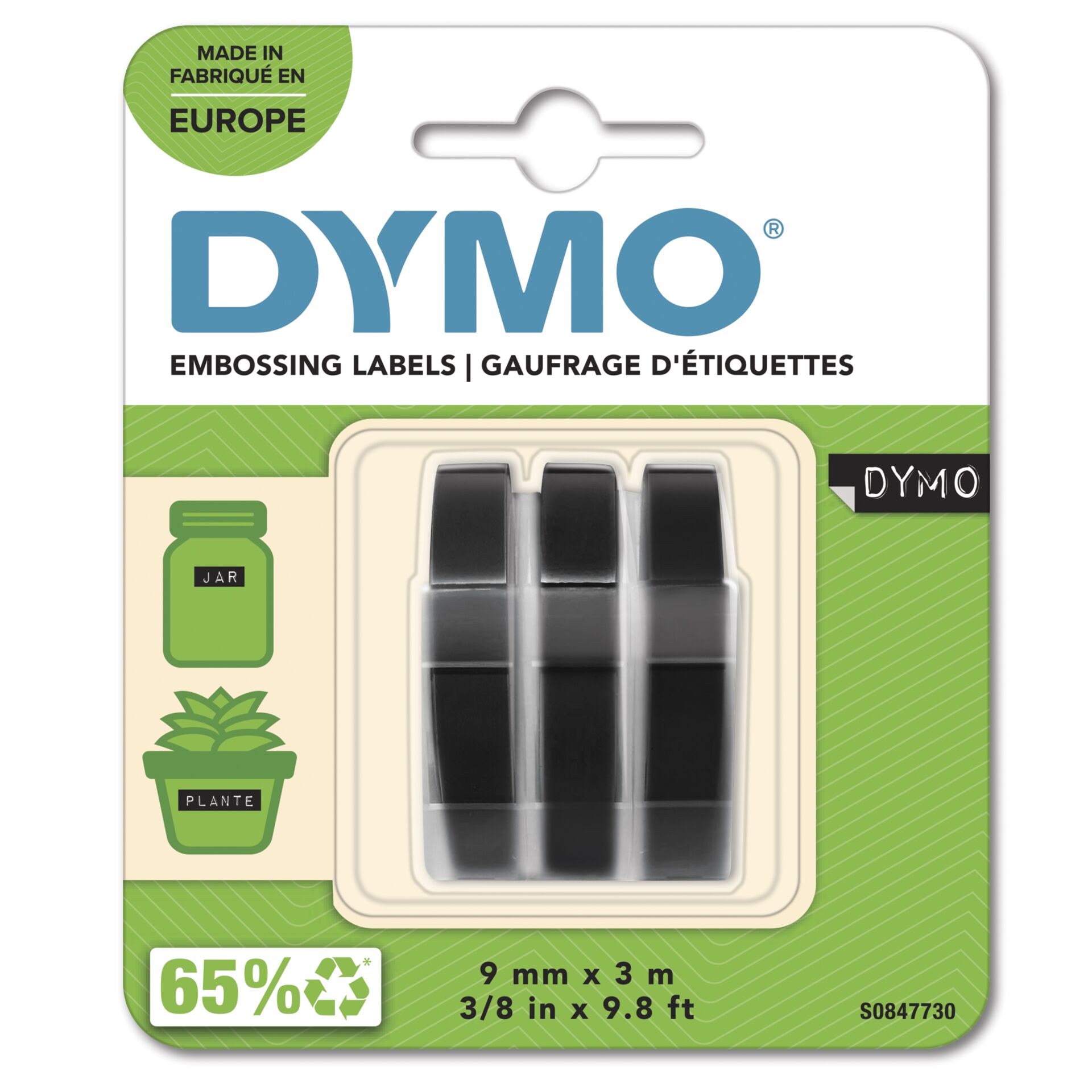 1x3 Dymo 3D Prägeband 9 mm x 3 m  Plastik schwarz