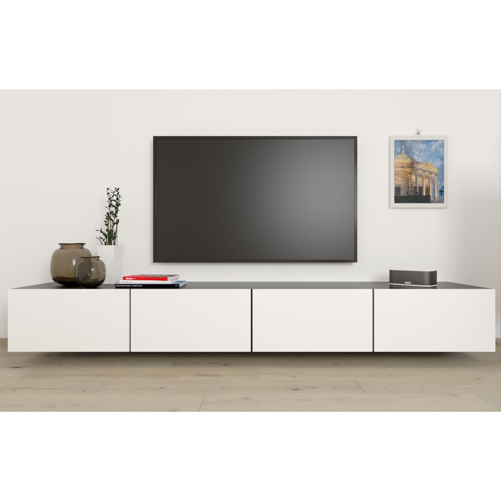 TV, Wohnwand, Lowboard, Schwarz, weiß