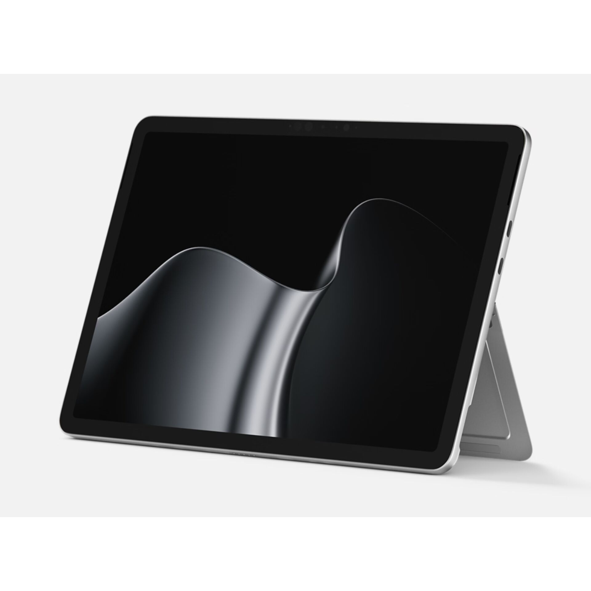 Tablet, Touchscreen, Schwarzes Display, Silbernes Gehäuse, Integrierter Standfuß