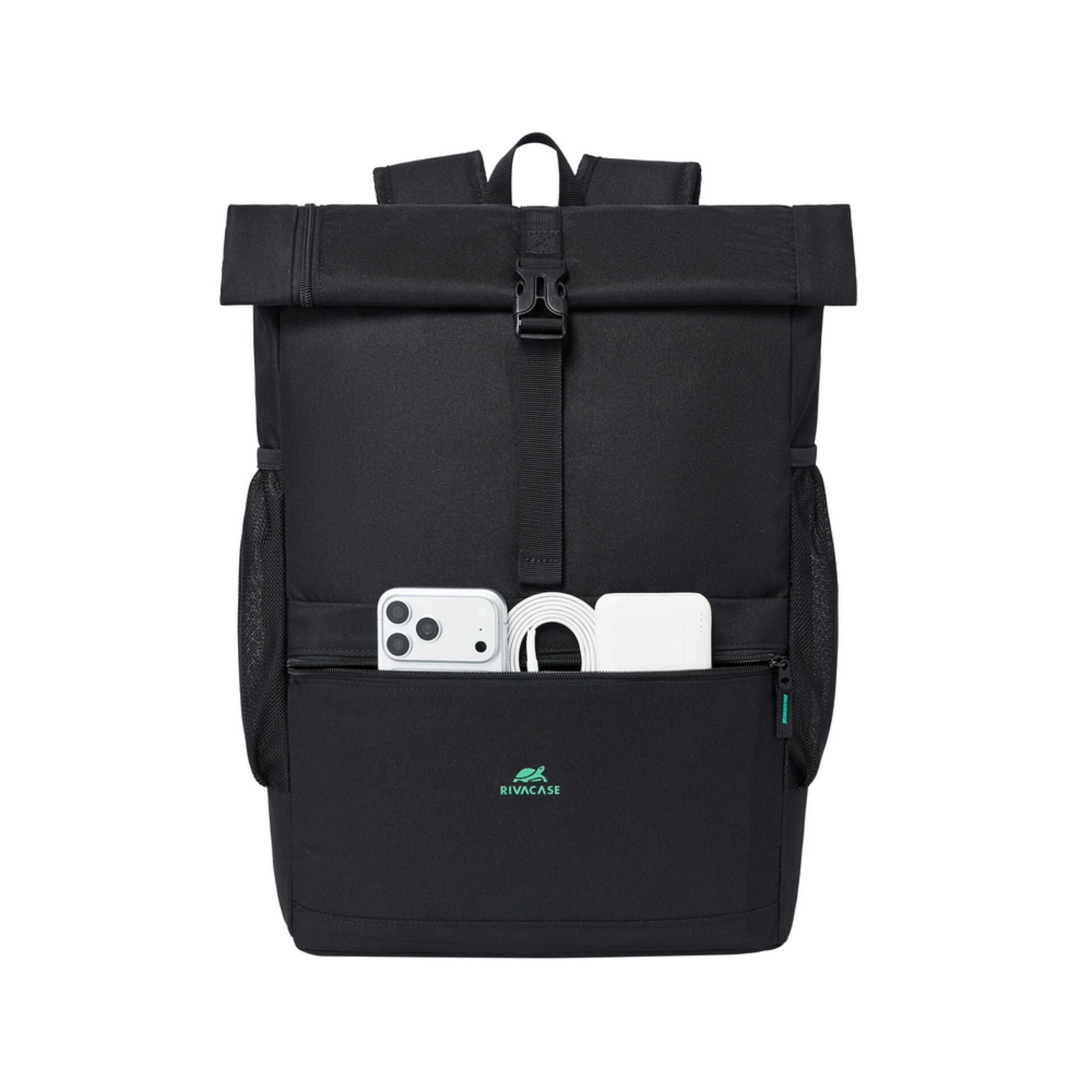 Rucksack, schwarz, Rolltop-Verschluss, Frontfach mit Reißverschluss, seitliche Netztaschen