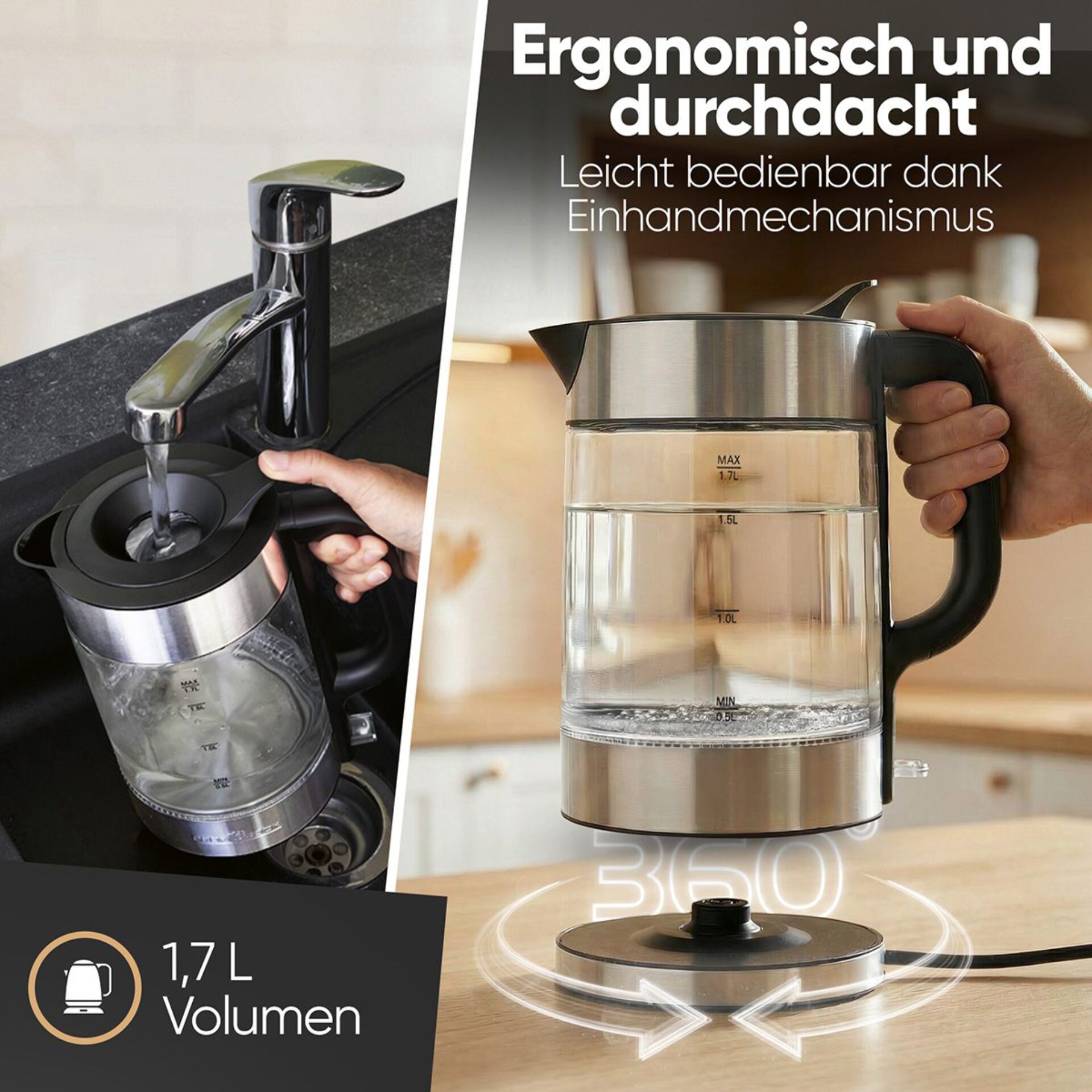 Wasserkocher, Kessel, Glaskanne, Schaftkanne, 1,7 L Volumen
