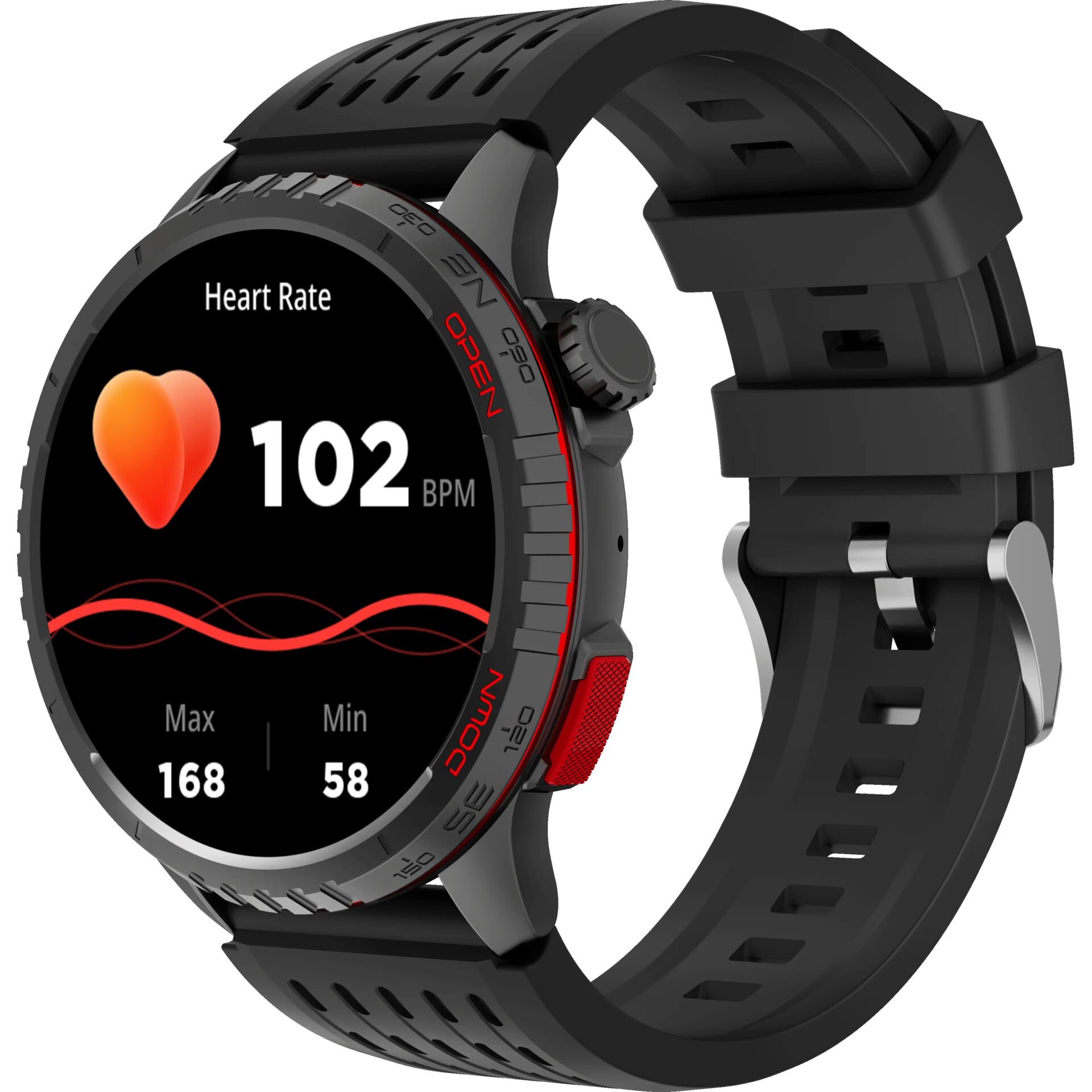 Smartwatch, Herzfrequenz, Rundes Display, Gummi Armband, Rotschwarz
